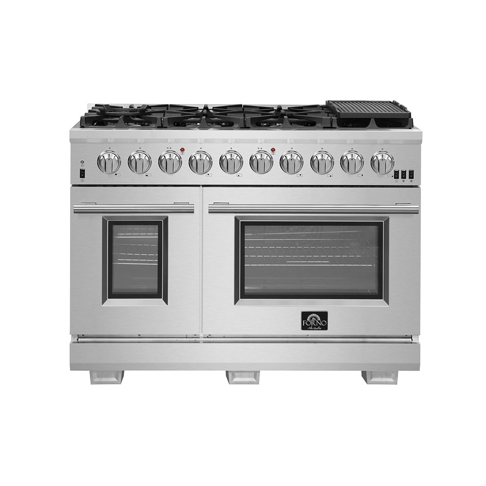 FORNO Capriasca 48-inch Gas Range Stainless Steel, 8 Brass Burners 160,000 BTU, 6.58 cu.ft. Double Oven - BonPrix Électroménagers