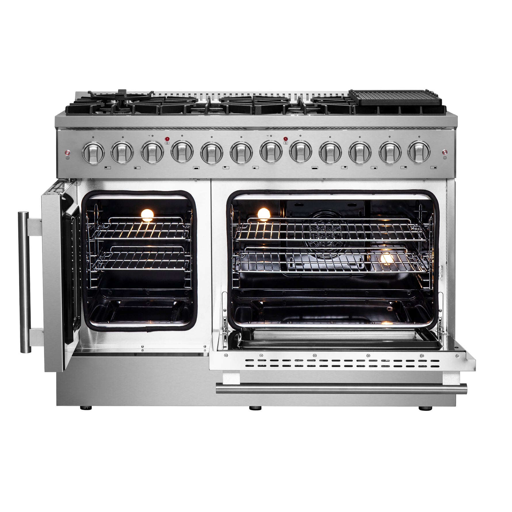 FORNO Galiano 48-Inch French Door Dual Fuel Range All Stainless Steel, 8 Sealed Burners, 107,000 BTU, Griddle, 6.58 cu.ft. Double Ovens - BonPrix Électroménagers