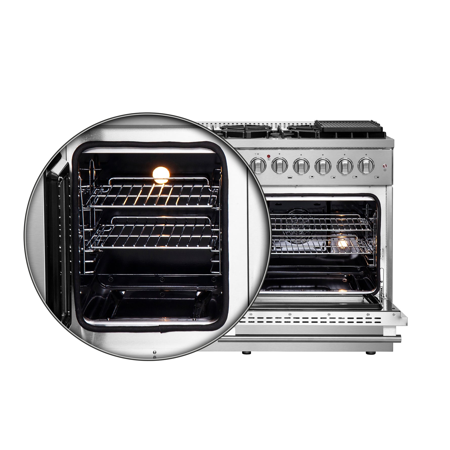 FORNO Galiano 48-Inch French Door Dual Fuel Range All Stainless Steel, 8 Sealed Burners, 107,000 BTU, Griddle, 6.58 cu.ft. Double Ovens - BonPrix Électroménagers