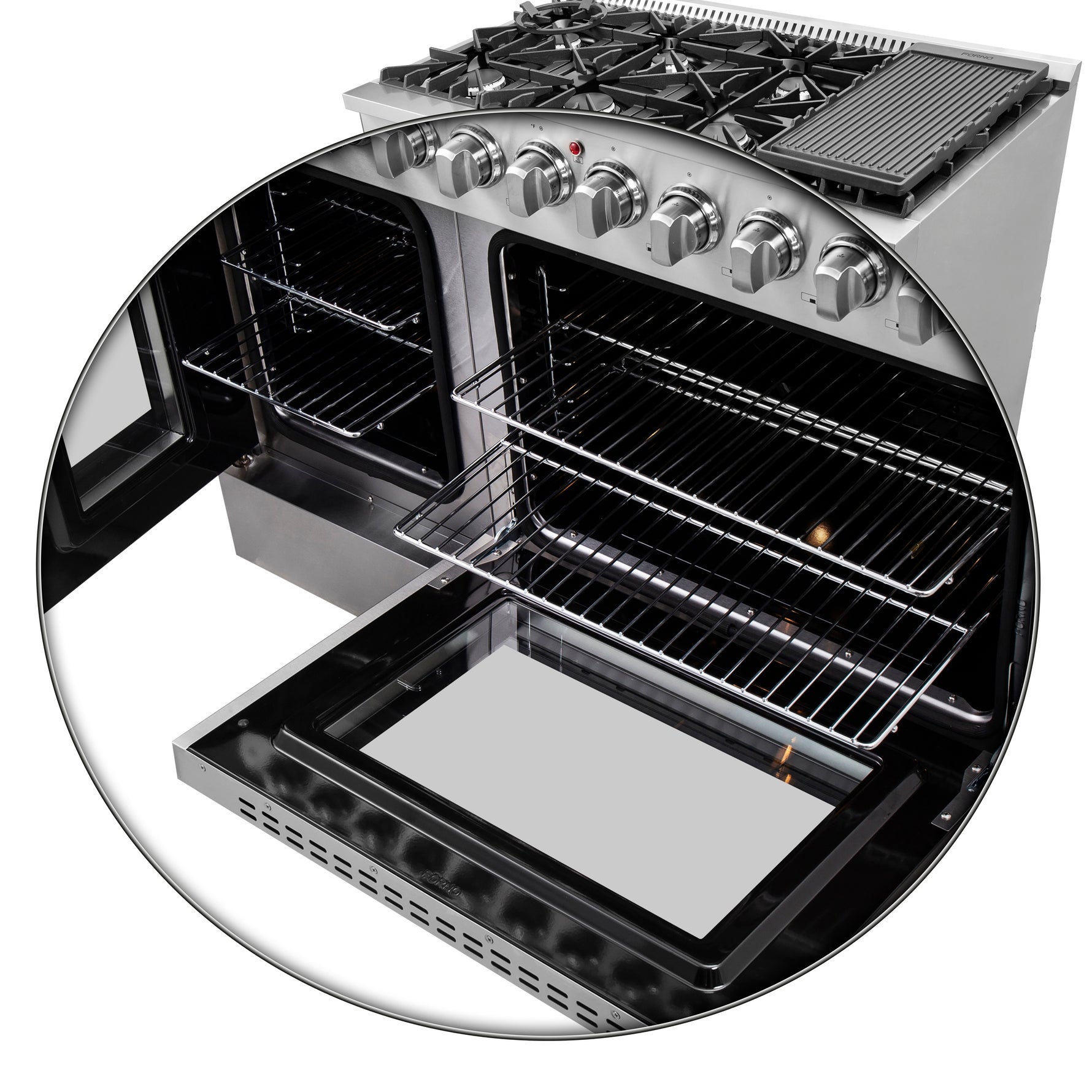 FORNO Galiano 48-Inch French Door Dual Fuel Range All Stainless Steel, 8 Sealed Burners, 107,000 BTU, Griddle, 6.58 cu.ft. Double Ovens - BonPrix Électroménagers