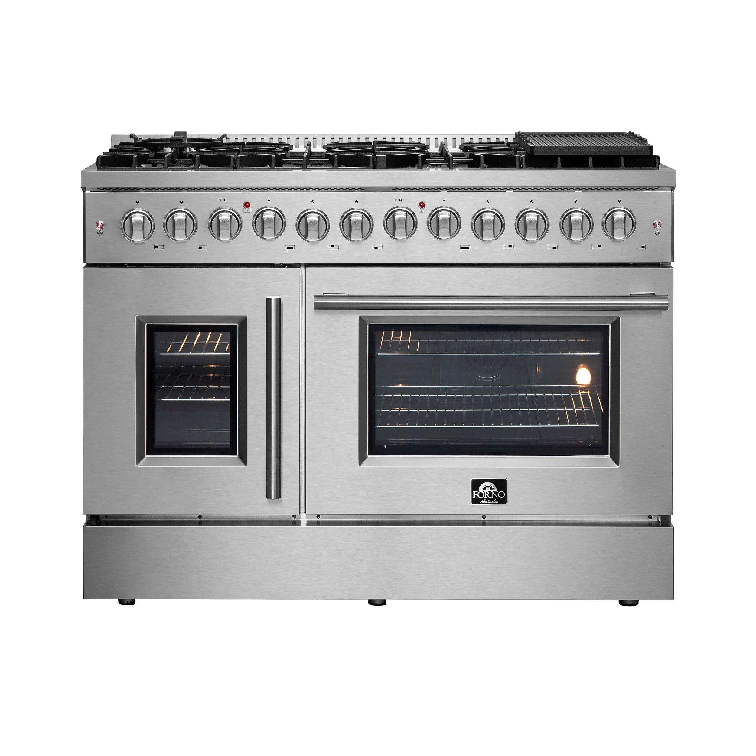 FORNO Galiano 48-Inch French Door Dual Fuel Range All Stainless Steel, 8 Sealed Burners, 107,000 BTU, Griddle, 6.58 cu.ft. Double Ovens - BonPrix Électroménagers