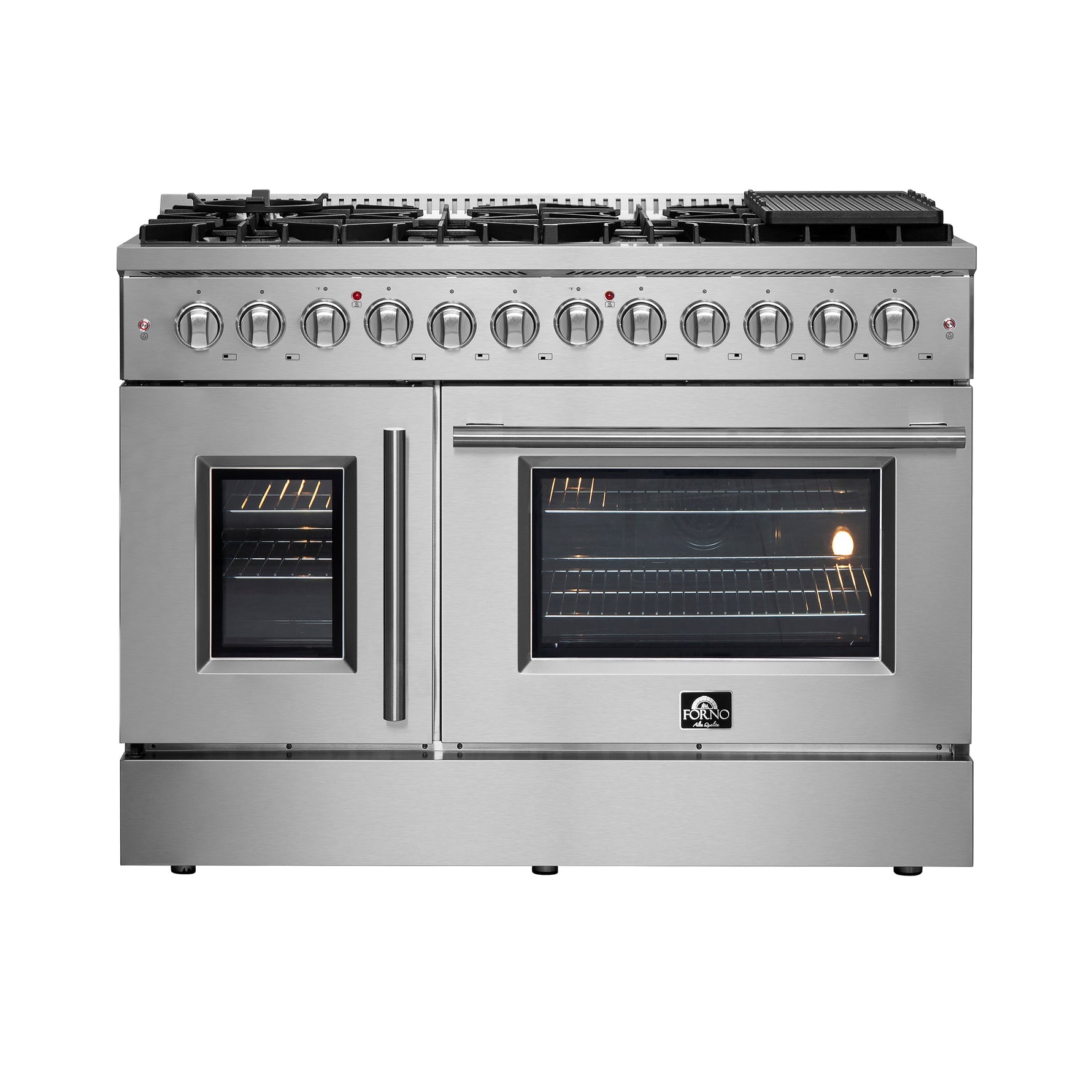 FORNO Galiano 48-Inch French Door Dual Fuel Range All Stainless Steel, 8 Sealed Burners, 107,000 BTU, Griddle, 6.58 cu.ft. Double Ovens - BonPrix Électroménagers