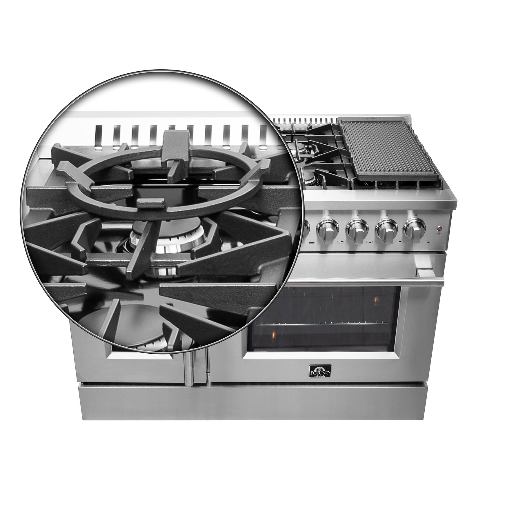 FORNO Galiano 48-Inch French Door Dual Fuel Range All Stainless Steel, 8 Sealed Burners, 107,000 BTU, Griddle, 6.58 cu.ft. Double Ovens - BonPrix Électroménagers