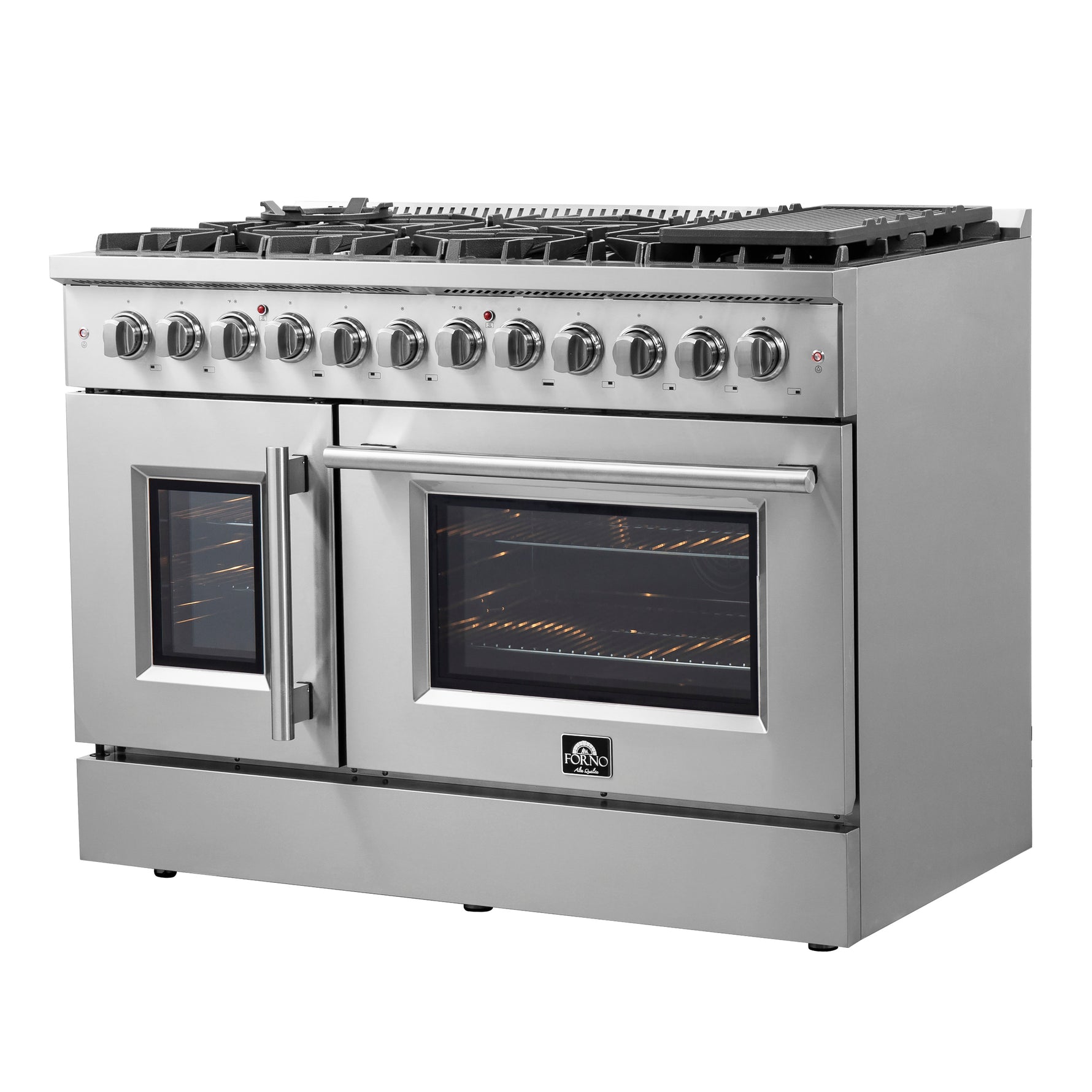 FORNO Galiano 48-Inch French Door Dual Fuel Range All Stainless Steel, 8 Sealed Burners, 107,000 BTU, Griddle, 6.58 cu.ft. Double Ovens - BonPrix Électroménagers