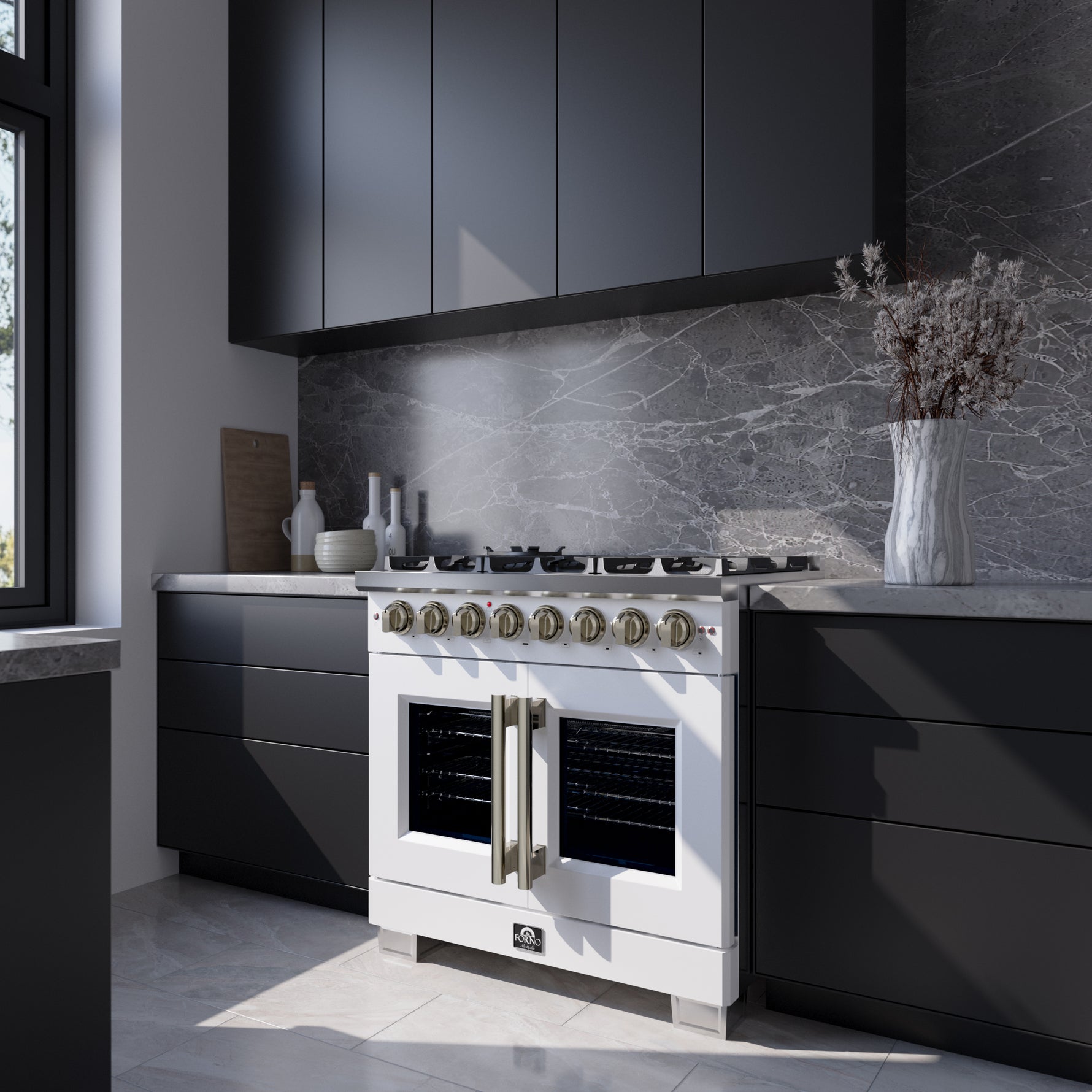 Forno Capriasca 36 Inch Freestanding French Door Dual Fuel Range in White with Antique Brass Accessories, 6 Burners, True Convection Oven - BonPrix Électroménagers