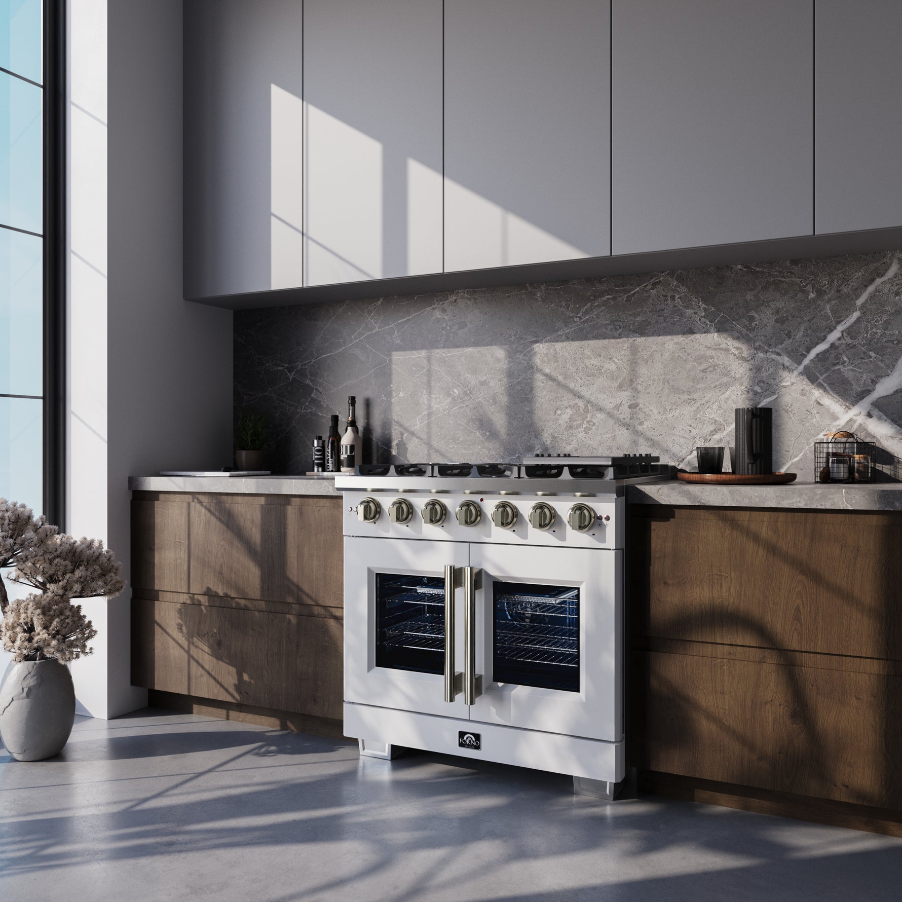 Forno Capriasca 36-Inch White Freestanding French Door Gas Range, 6 Burners, Convection Oven, Energy Efficient - BonPrix Électroménagers