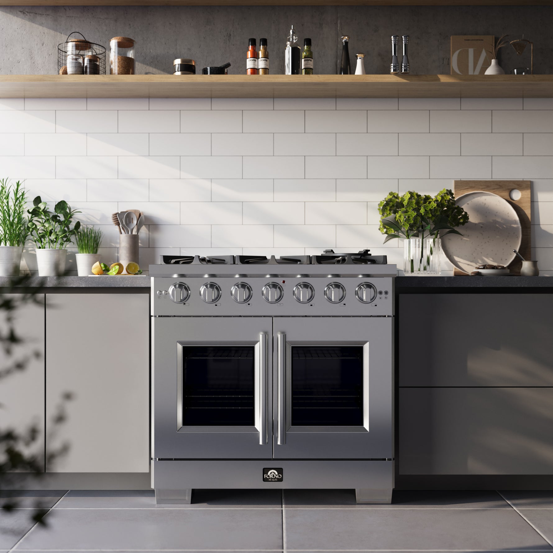 Forno Capriasca 36-Inch Freestanding French Door Gas Range, 6 Burners, Convection Oven, Energy Efficient - BonPrix Électroménagers