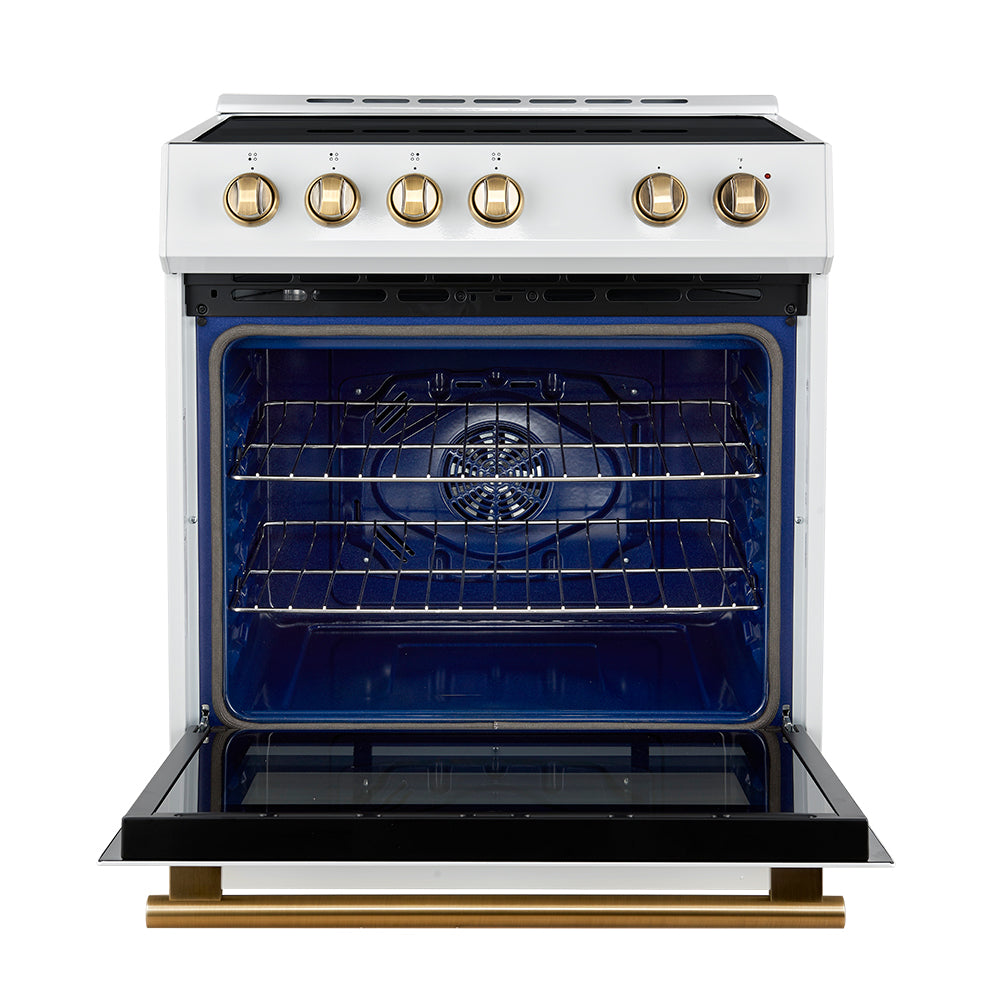 Forno Leonardo Espresso 30-Inch Slide-In White Induction Range, Convection Oven, 5 Cooking Zones, Touch Control Panel - BonPrix Électroménagers