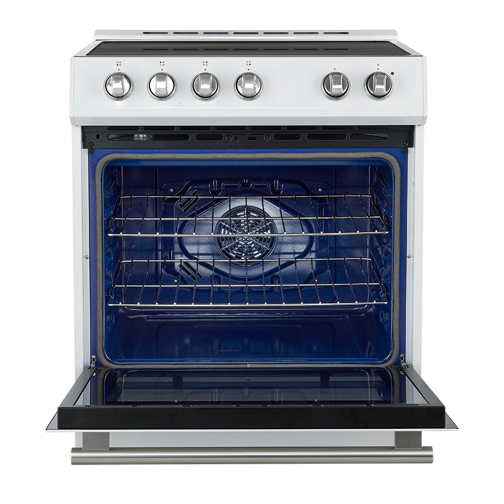 Forno Leonardo Espresso 30-Inch Slide-In White Induction Range, Convection Oven, 5 Cooking Zones, Touch Control Panel - BonPrix Électroménagers