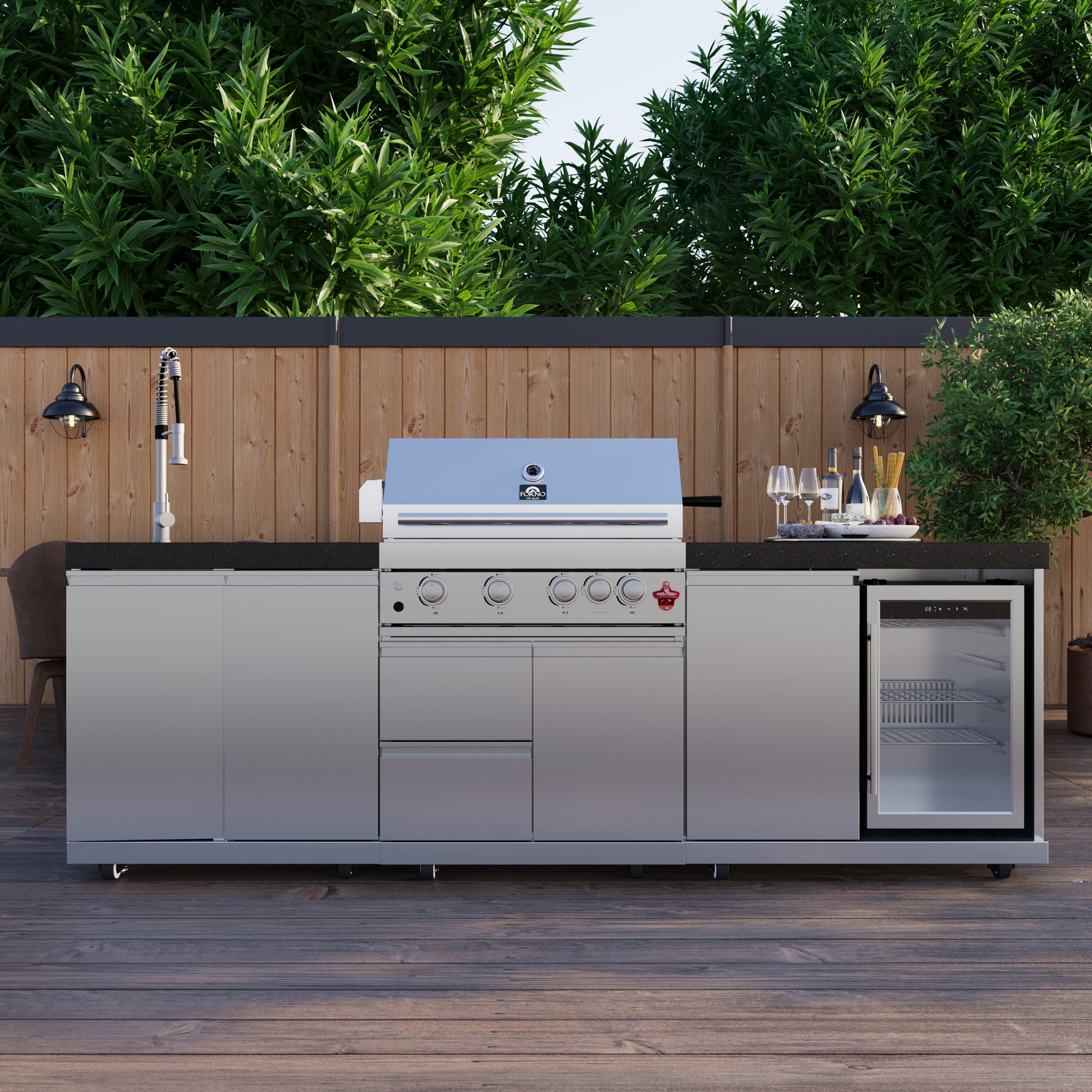 FORNO Bulnes 30-Inch BBQ, 60,000 BTU, 3 Burners with Sear & Rotisserie Infrared Burners, Stainless Steel Outdoor Kitchen with 1.8 cu.ft. Beverage Center & Black Granite Countertops - BonPrix Électroménagers