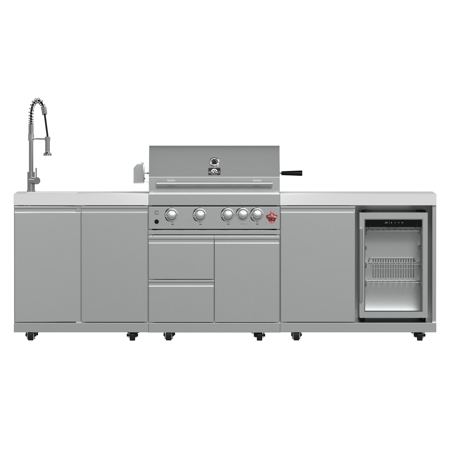 FORNO Bulnes 30-Inch BBQ, 60,000 BTU, 3 Burners with Sear & Rotisserie Infrared Burners, Stainless Steel Outdoor Kitchen with 1.8 cu.ft. Beverage Center & White Sintered Stone Countertops - BonPrix Électroménagers