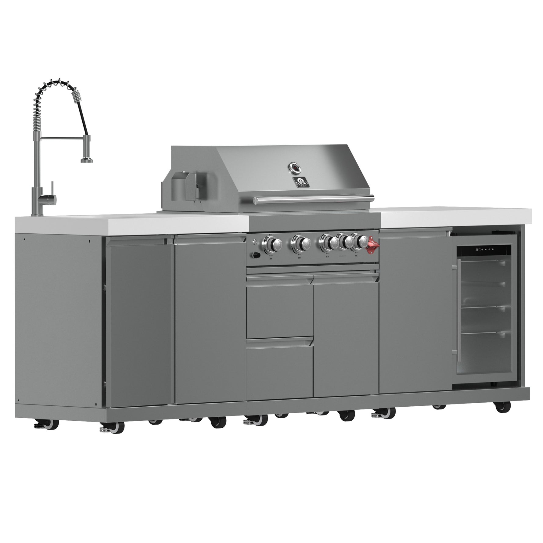FORNO Bulnes 30-Inch BBQ, 60,000 BTU, 3 Burners with Sear & Rotisserie Infrared Burners, Stainless Steel Outdoor Kitchen with 1.8 cu.ft. Beverage Center & White Sintered Stone Countertops - BonPrix Électroménagers