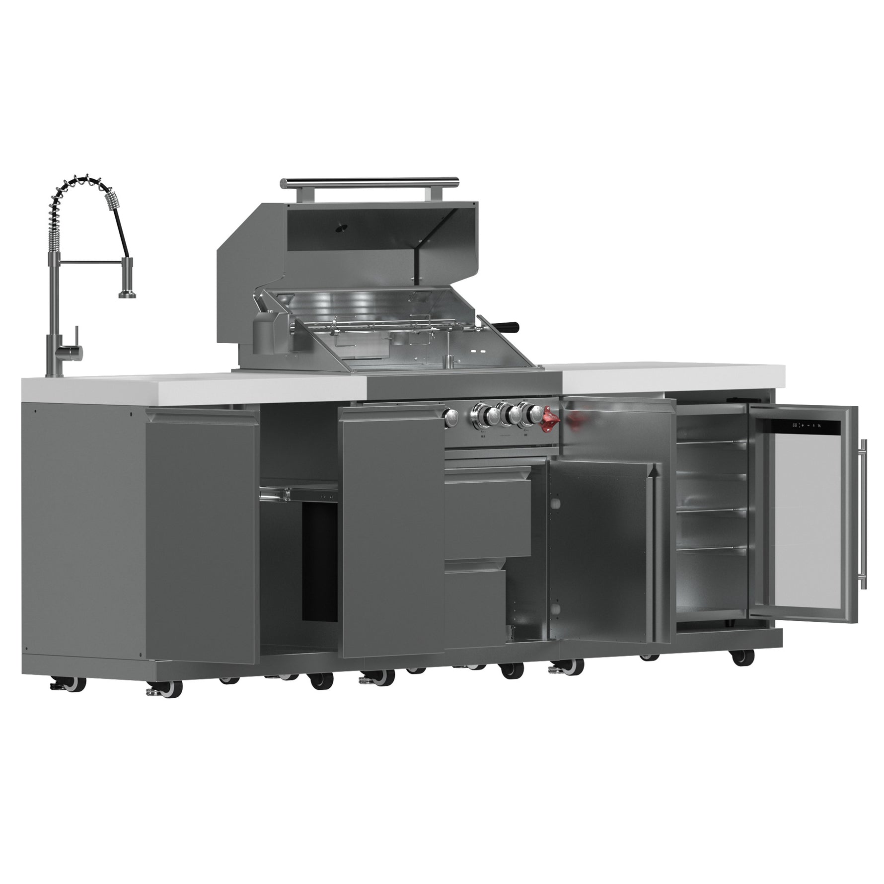 FORNO Bulnes 30-Inch BBQ, 60,000 BTU, 3 Burners with Sear & Rotisserie Infrared Burners, Stainless Steel Outdoor Kitchen with 1.8 cu.ft. Beverage Center & White Sintered Stone Countertops - BonPrix Électroménagers