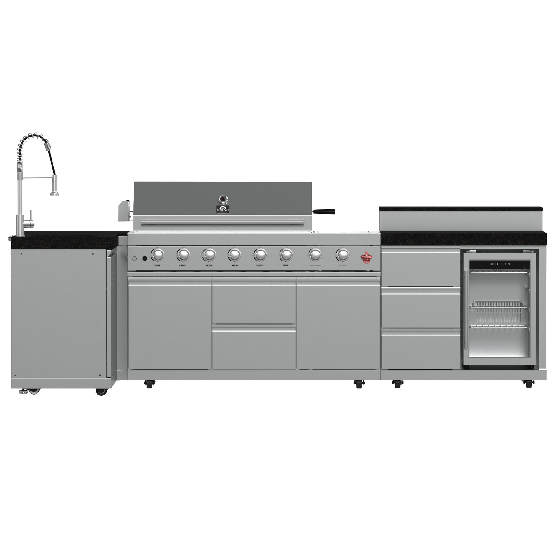 FORNO Bulnes 40-Inch BBQ, 95,000 BTU, 5 Burners, Sear & Rotisserie Infrared with Side Burner, Stainless Steel Outdoor Kitchen with 1.8 cu.ft. Beverage Center & Black Granite Countertops - BonPrix Électroménagers