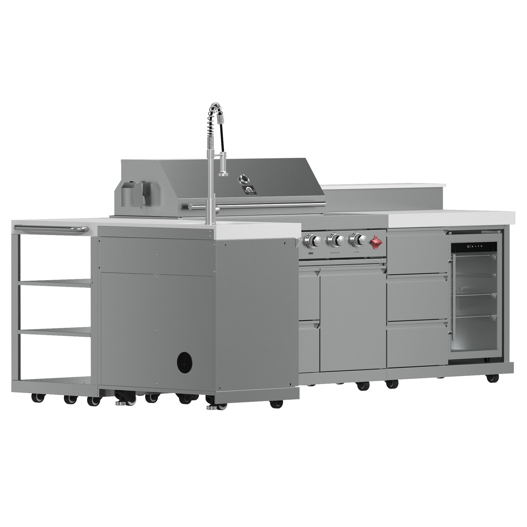 FORNO Bulnes 40-Inch BBQ, 95,000 BTU, 5 Burners, Sear & Rotisserie Infrared with Side Burner, Stainless Steel Outdoor Kitchen with 1.8 cu.ft. Beverage Center & White Sintered Stone Countertops - BonPrix Électroménagers