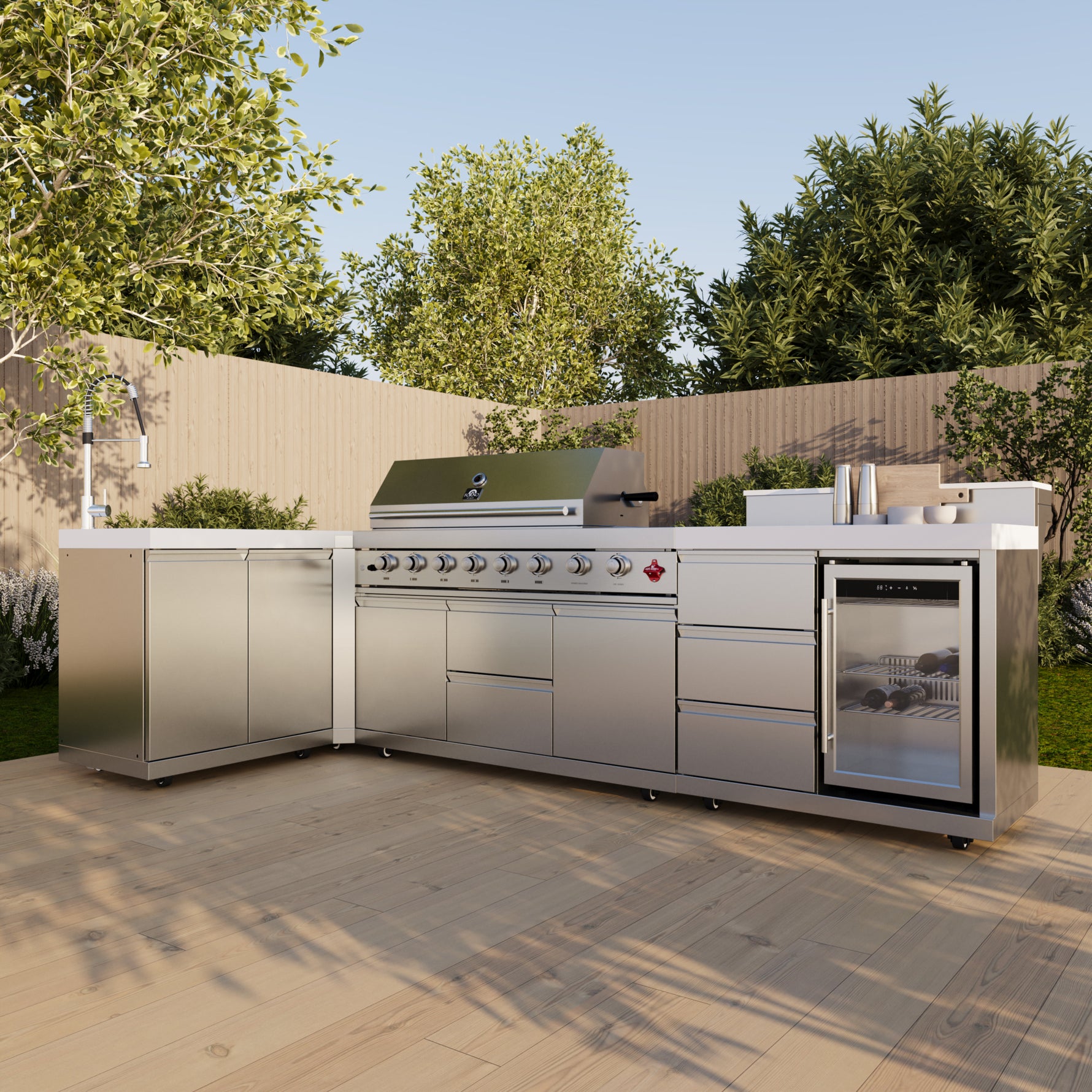 FORNO Bulnes 40-Inch BBQ, 95,000 BTU, 5 Burners, Sear & Rotisserie Infrared with Side Burner, Stainless Steel Outdoor Kitchen with 1.8 cu.ft. Beverage Center & White Sintered Stone Countertops - BonPrix Électroménagers