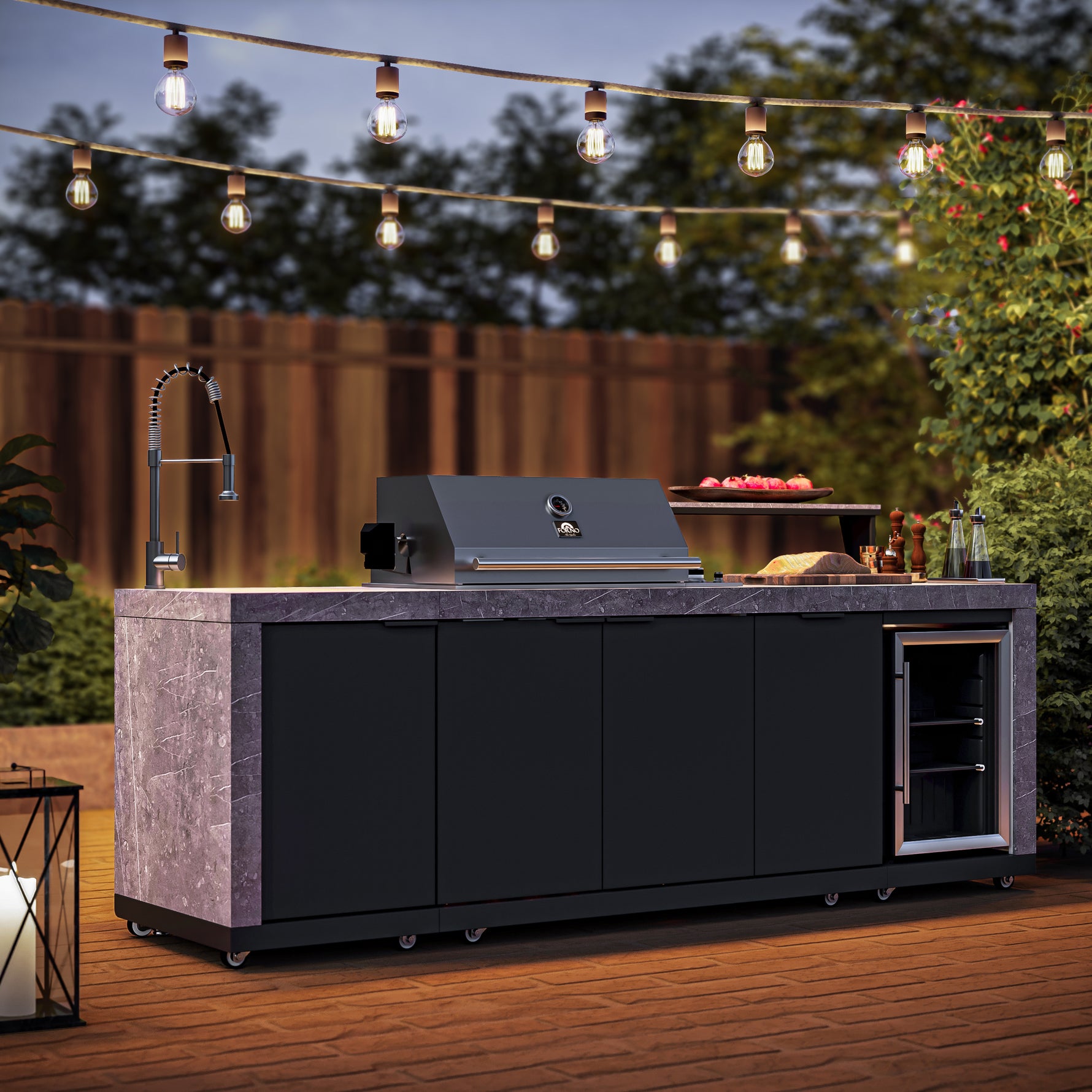 Forno Rimini Outdoor Kitchen 30" BBQ 62,600 BTU, 3 Burners with Sear & Rotisserie, 2.4 cu.ft. Beverage Center, Stainless Steel Sink, Black Cabinets & Gray Sintered Stone Countertop - BonPrix Électroménagers