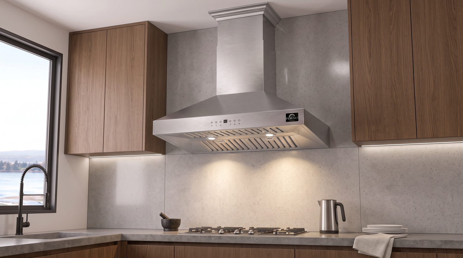 Forno Coppito 30-Inch Island Range Hood, Stainless Steel, LED Lighting, Adjustable Fan Speeds
