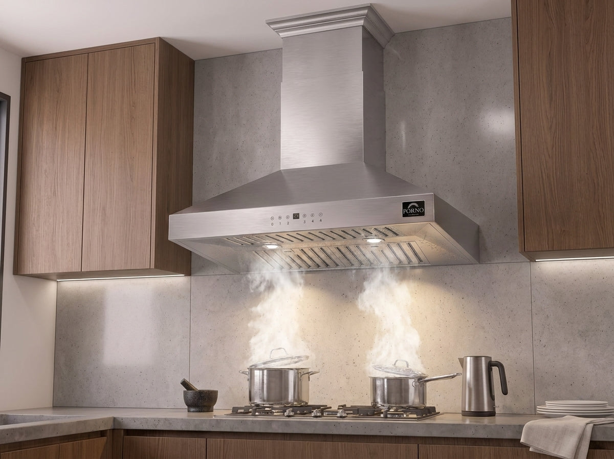 Forno Coppito 30-Inch Island Range Hood, Stainless Steel, LED Lighting, Adjustable Fan Speeds
