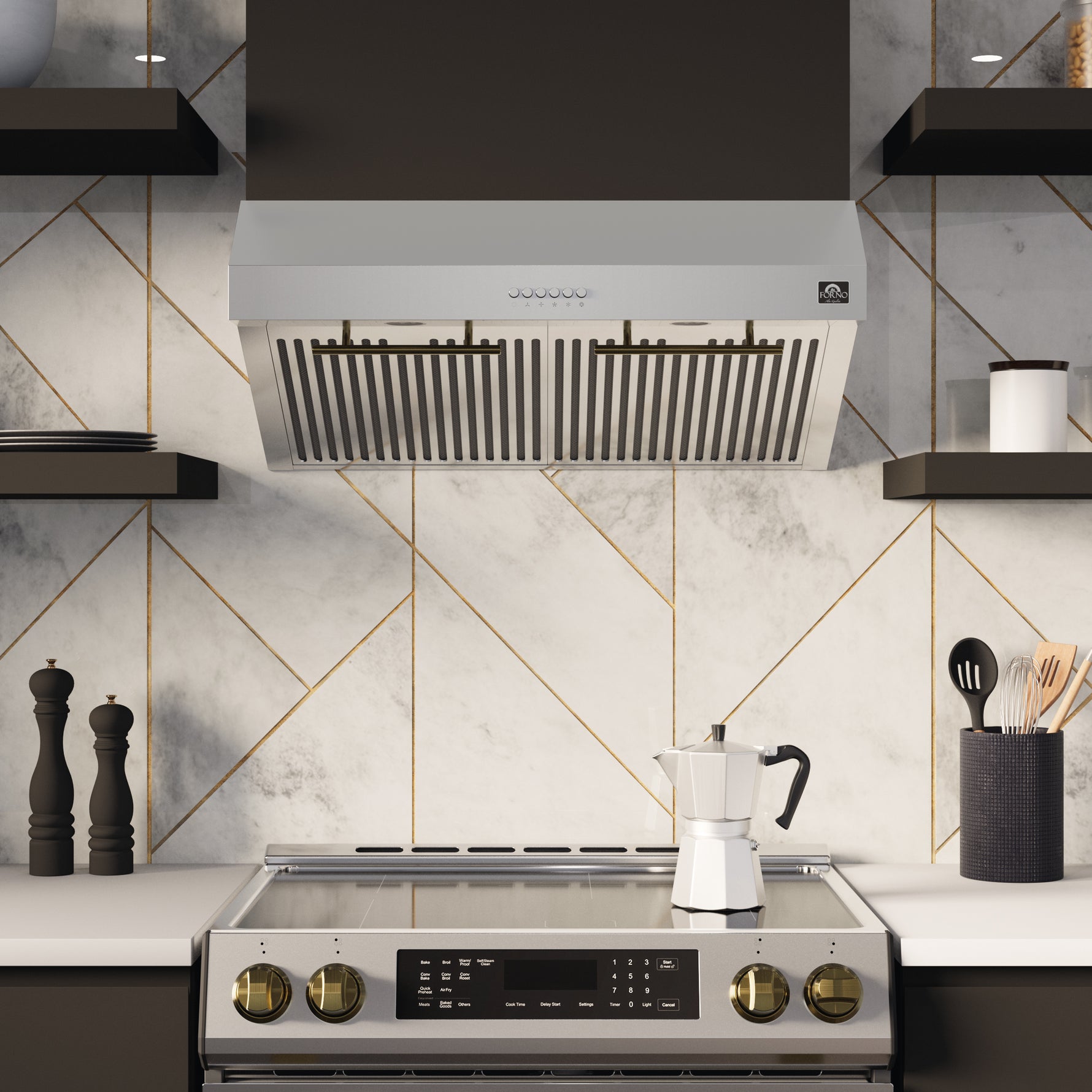 FORNO Premium 2-Piece Kitchen Bundle - Leonardo Espresso 30" Stainless Steel Range, 30" Stainless Steel Range Hood - FBDL-002-01CA - BonPrix Électroménagers
