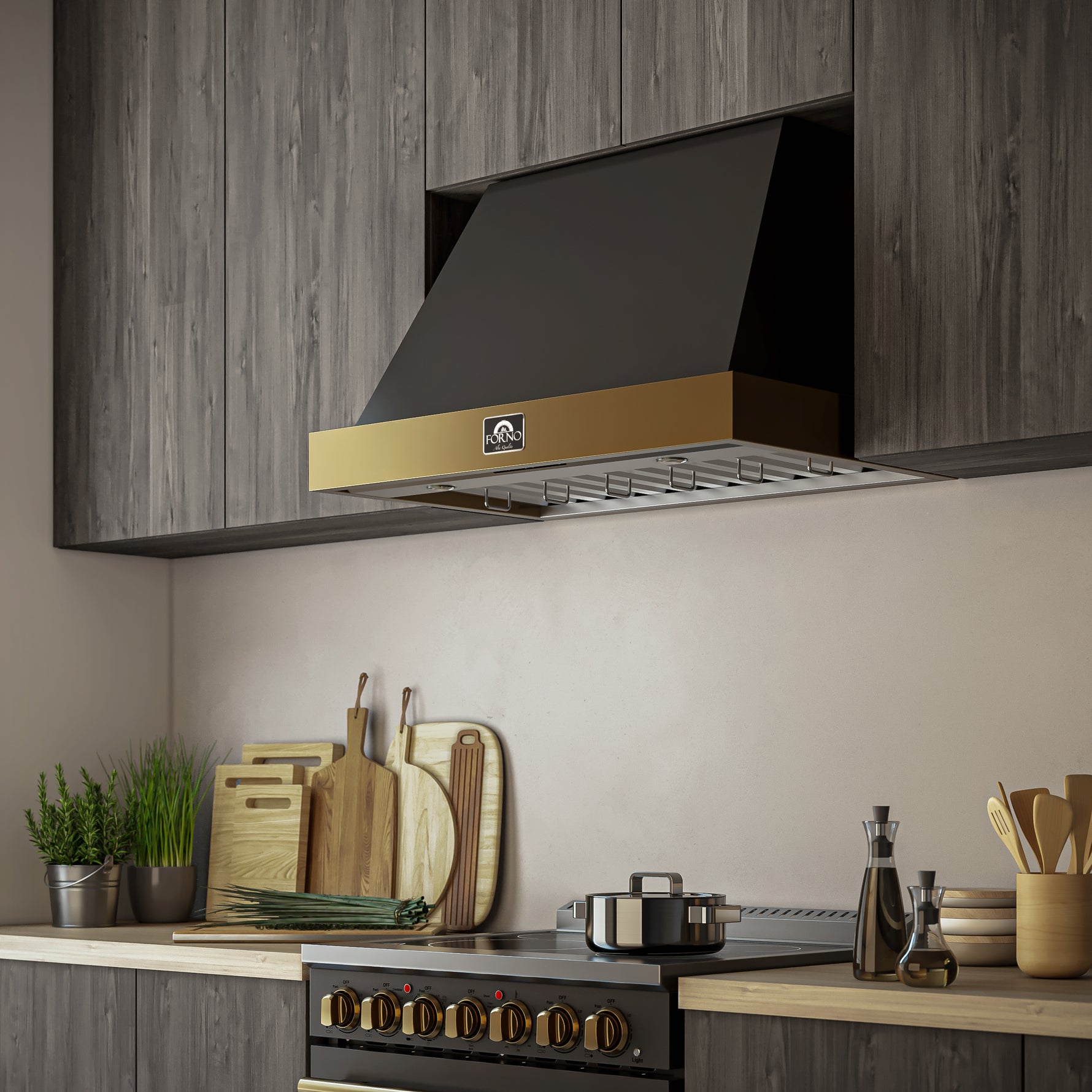 Forno Vittorio 36-Inch Wall Mount Range Hood, Black with Antique Brass Trim, 600 CFM Airflow, Dishwasher-Safe Baffle Filters, Remote Control, 3-Speed Fan, Bright LED Lighting. - BonPrix Électroménagers