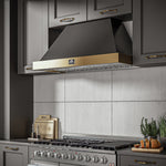 Forno Vittorio 48-Inch Wall Mount Range Hood, Black with Antique Brass Trim, 600 CFM Airflow, Dishwasher-Safe Baffle Filters, Remote Control, 3-Speed Fan, Bright LED Lighting. - BonPrix Électroménagers