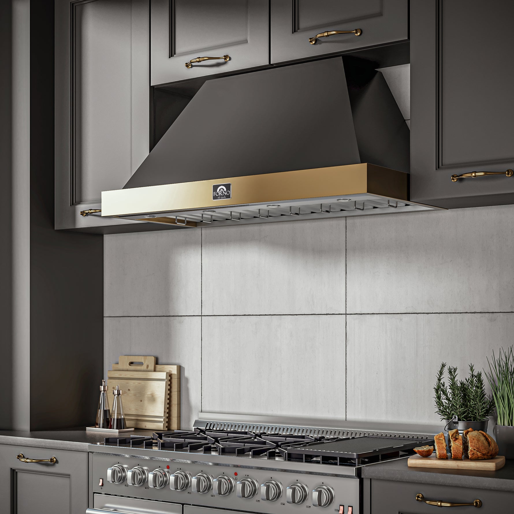 Forno Vittorio 48-Inch Wall Mount Range Hood, Black with Antique Brass Trim, 600 CFM Airflow, Dishwasher-Safe Baffle Filters, Remote Control, 3-Speed Fan, Bright LED Lighting. - BonPrix Électroménagers