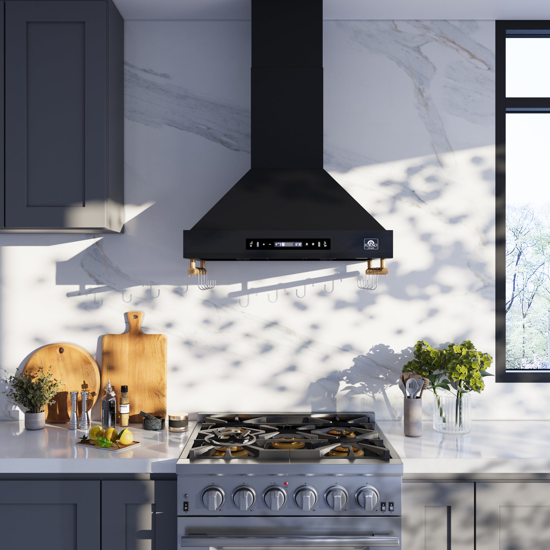 Forno Venezia 30 Inch Wall-Mounted Range Hood in Black with Touch Controls and Baffle Filters - BonPrix Électroménagers