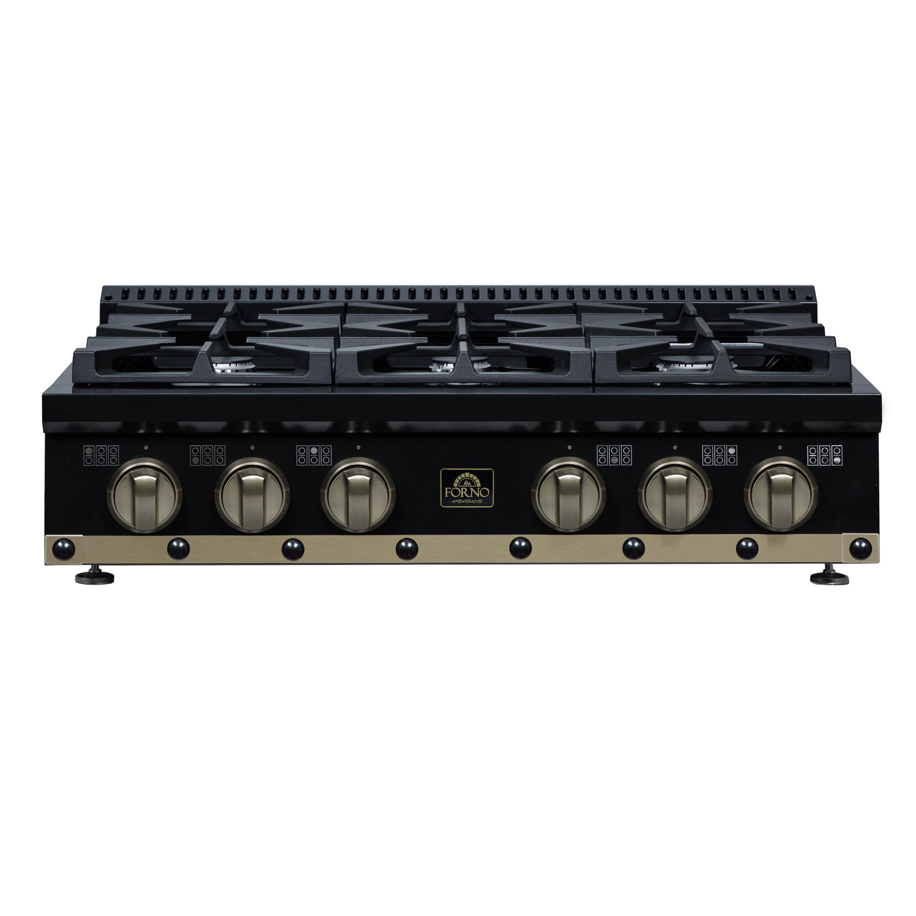 Valente 36" Gas Cooktop in Black, 6 Sealed burners, 71,000 BUT Output, 1 Antique Brass Dual-Ring Burner, Continuous Cast Iron Grates