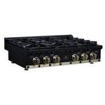Valente 36" Gas Cooktop in Black, 6 Sealed burners, 71,000 BUT Output, 1 Antique Brass Dual-Ring Burner, Continuous Cast Iron Grates