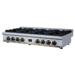 Valente 48" Gas Cooktop in White, 8 Sealed burners, 94,000 BUT Output, 2 Antique Brass Dual-Ring Burners, Continuous Cast Iron Grates
