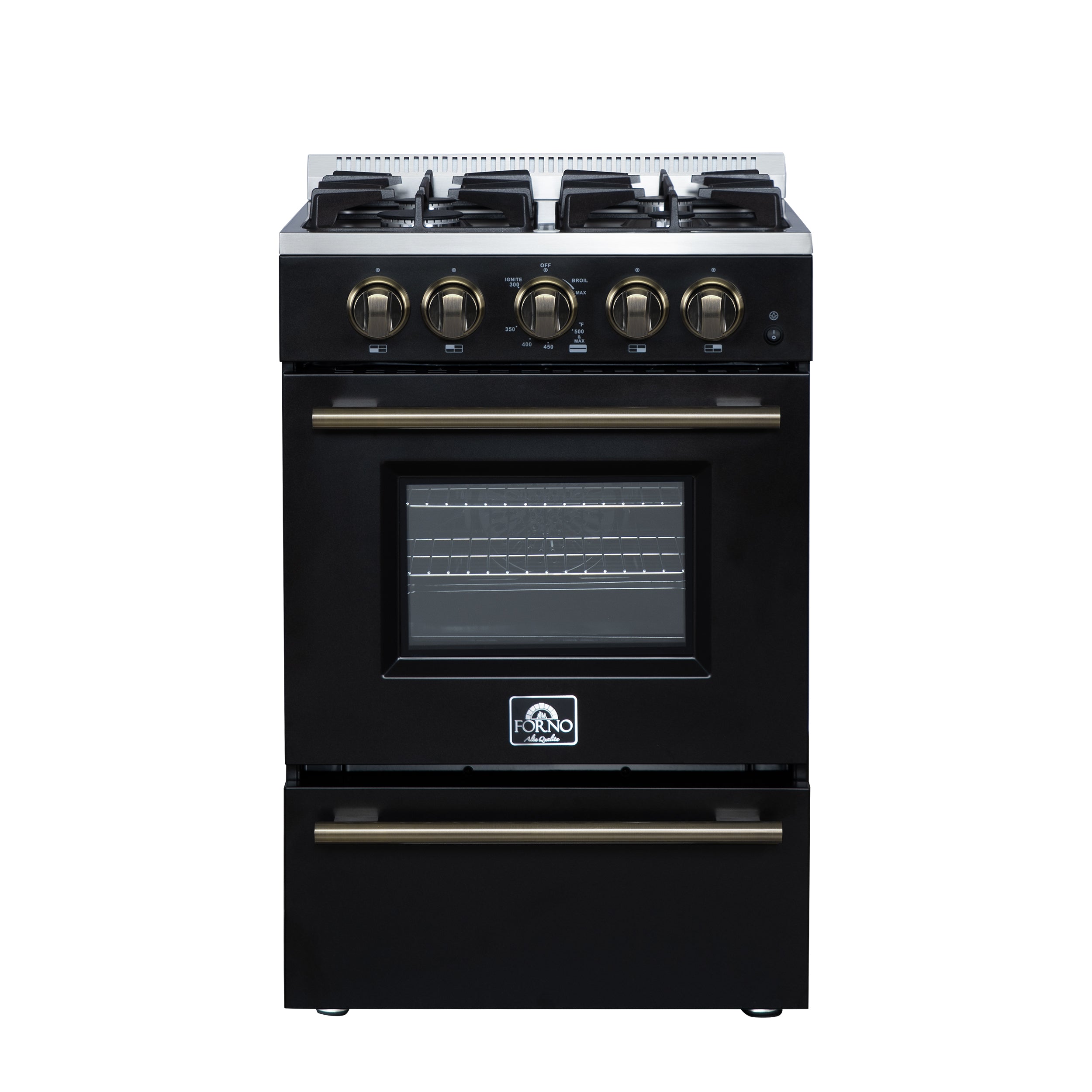 Forno Breno 24 Inch Freestanding Gas Range in Black with Antique Brass, Compact Design - BonPrix Électroménagers