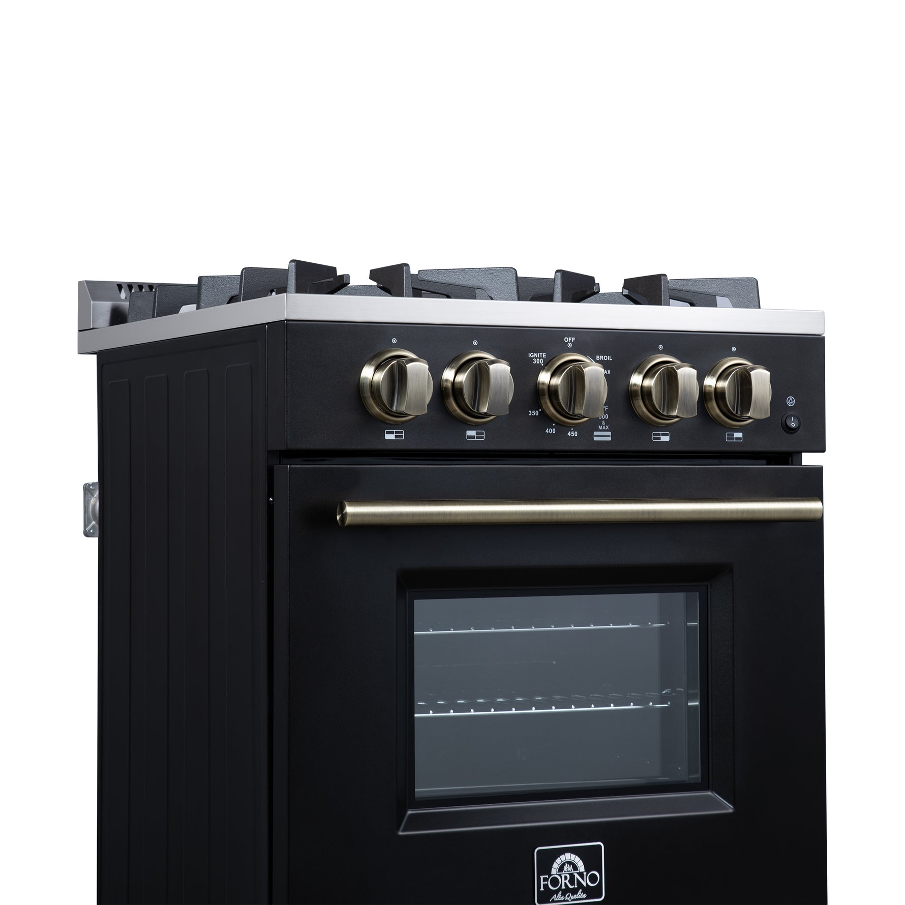 Forno Breno 24 Inch Freestanding Gas Range in Black with Antique Brass, Compact Design - BonPrix Électroménagers