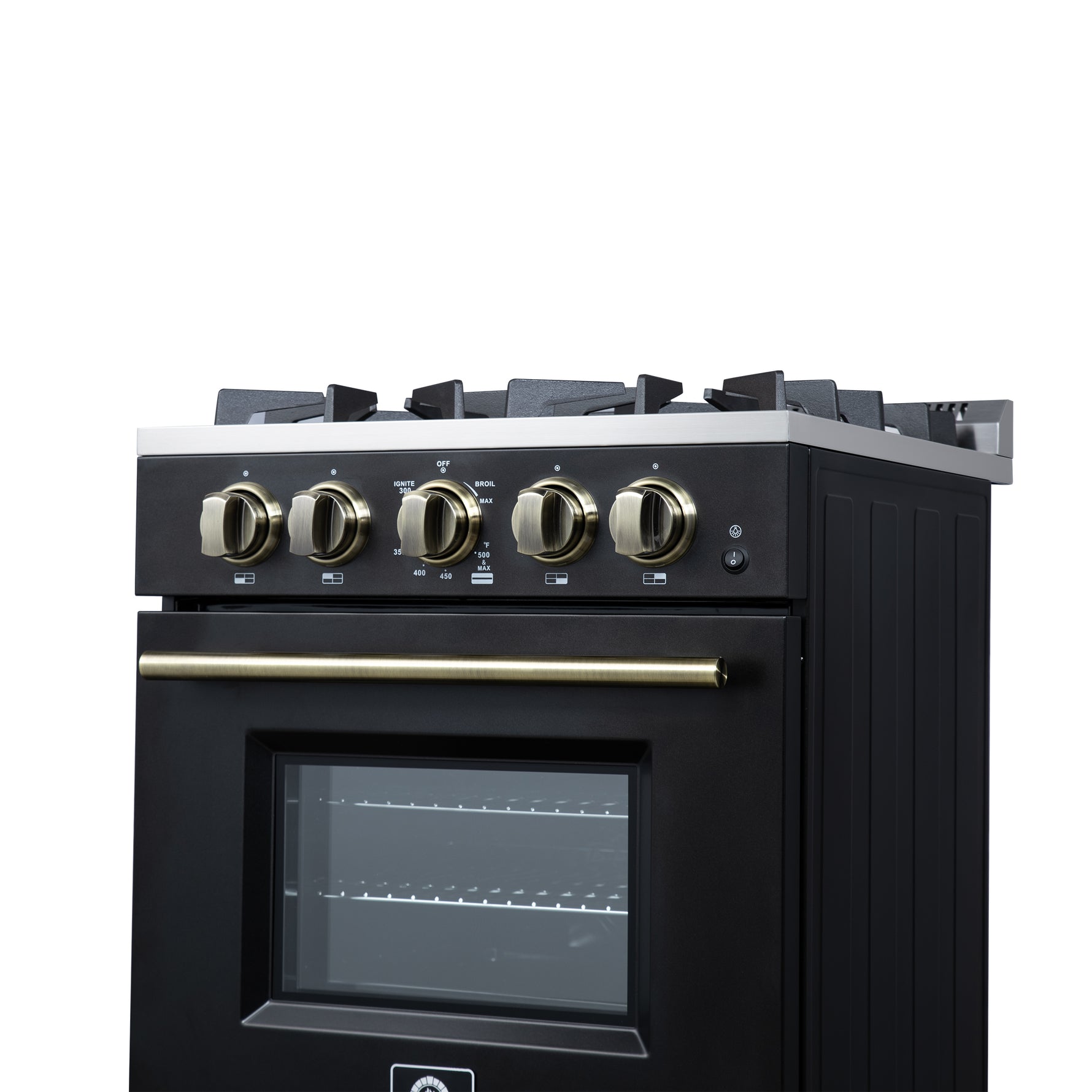 Forno Breno 24 Inch Freestanding Gas Range in Black with Antique Brass, Compact Design - BonPrix Électroménagers