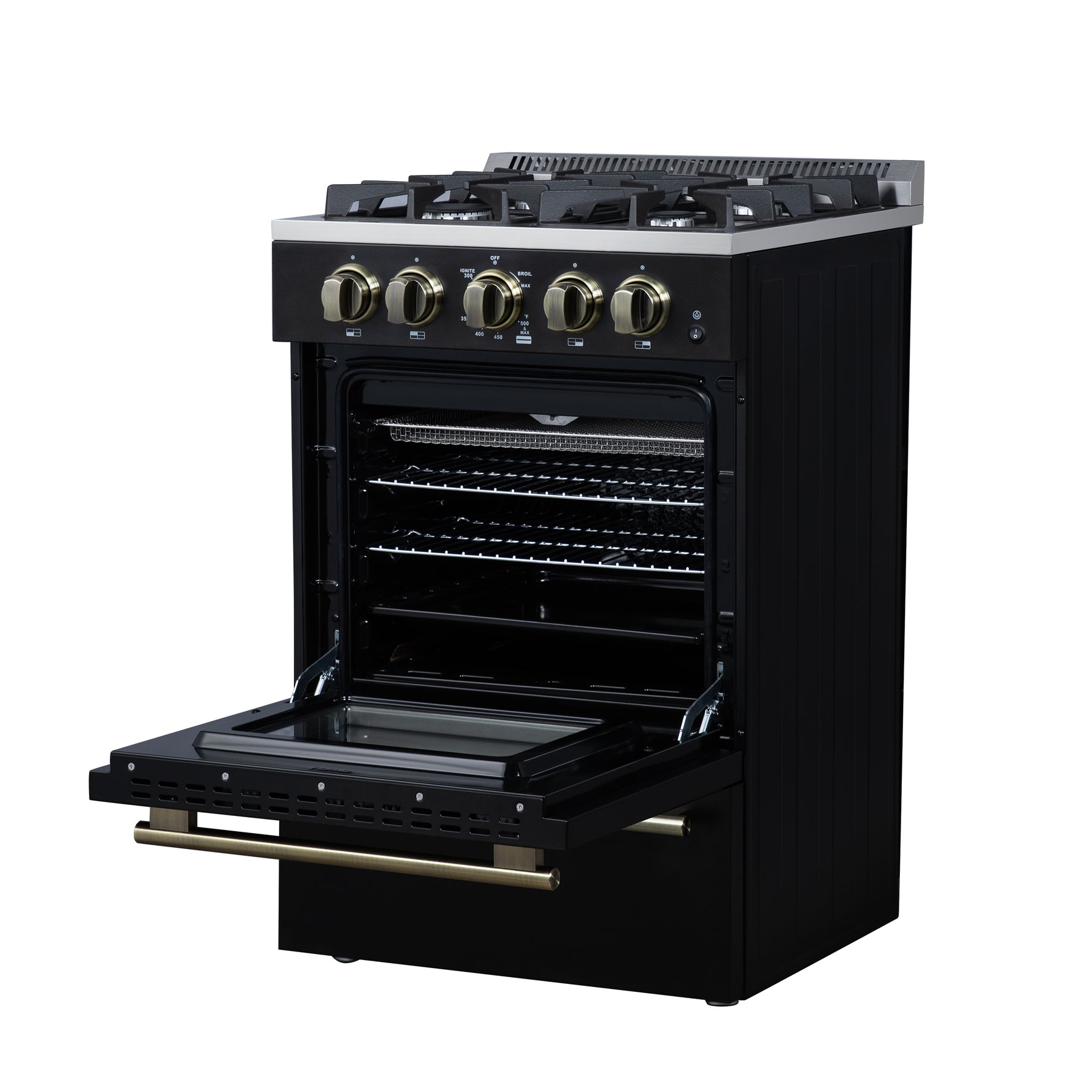 Forno Breno 24 Inch Freestanding Gas Range in Black with Antique Brass, Compact Design - BonPrix Électroménagers