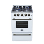 Forno Breno 24 Inch Freestanding Gas Range in White with Antique Brass, Compact Design - BonPrix Électroménagers