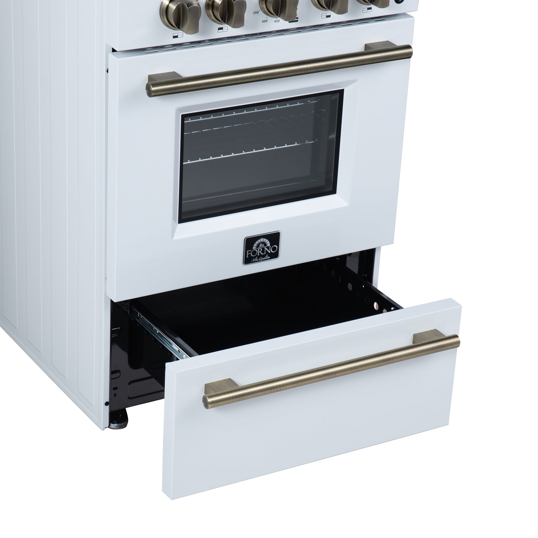 Forno Breno 24 Inch Freestanding Gas Range in White with Antique Brass, Compact Design - BonPrix Électroménagers