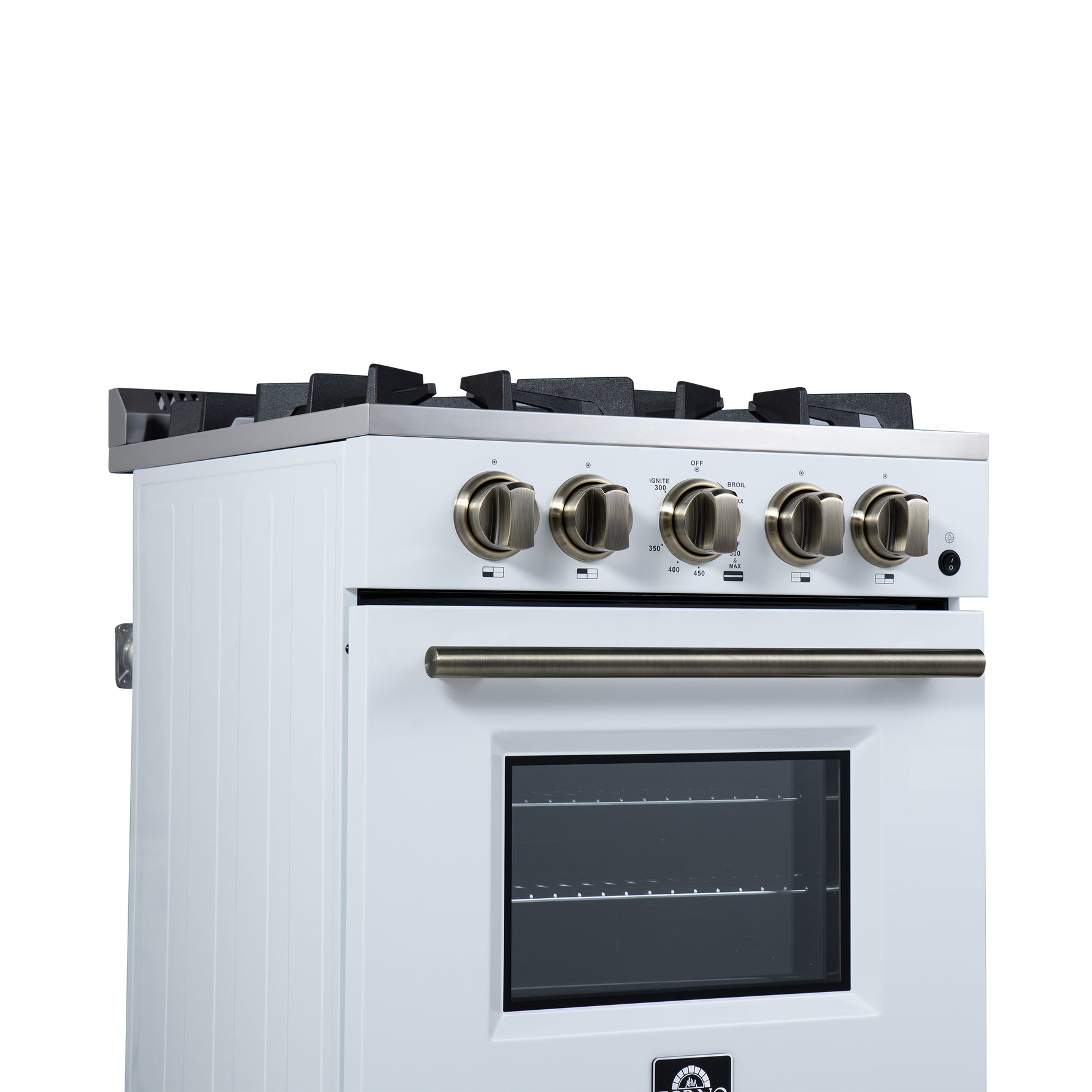Forno Breno 24 Inch Freestanding Gas Range in White with Antique Brass, Compact Design - BonPrix Électroménagers