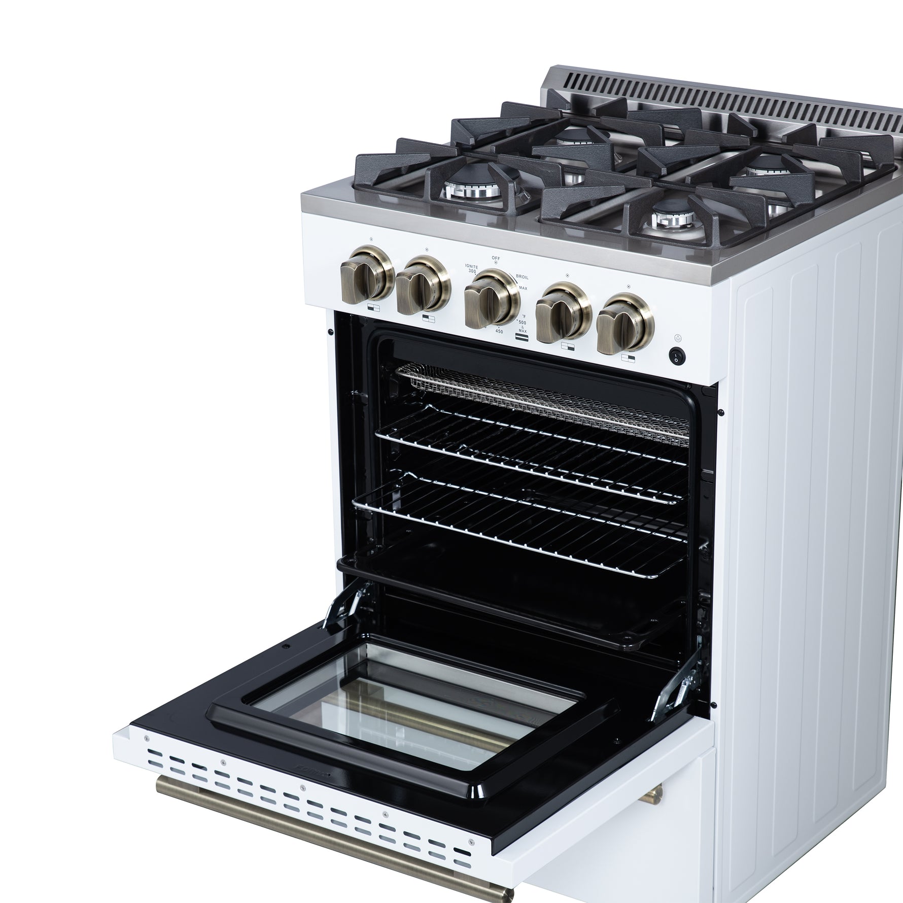 Forno Breno 24 Inch Freestanding Gas Range in White with Antique Brass, Compact Design - BonPrix Électroménagers