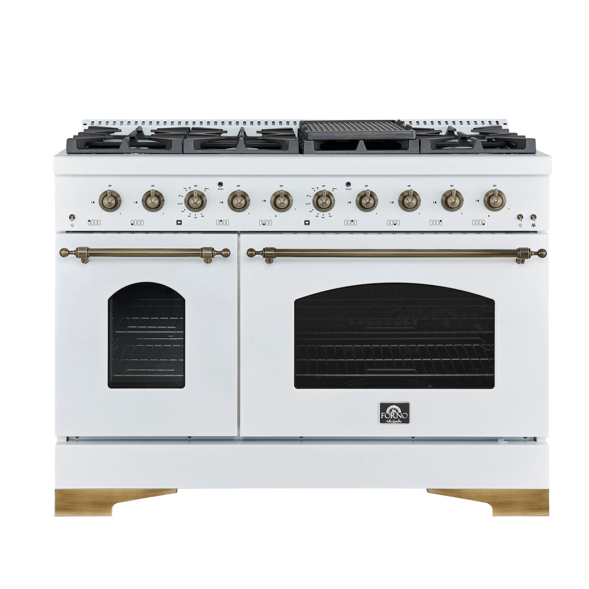 Forno Antico 48-Inch Freestanding Gas Range, White, Antique Brass Design, 8 Burners, Griddle, Double Ovens, Energy Efficient - BonPrix Électroménagers