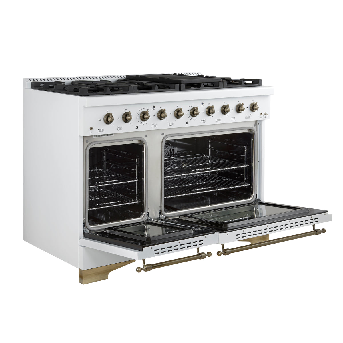 Forno Antico 48-Inch Freestanding Gas Range, White, Antique Brass Design, 8 Burners, Griddle, Double Ovens, Energy Efficient - BonPrix Électroménagers
