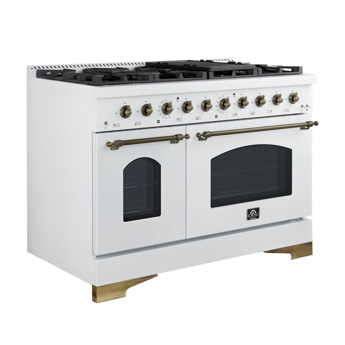 Forno Antico 48-Inch Freestanding Gas Range, White, Antique Brass Design, 8 Burners, Griddle, Double Ovens, Energy Efficient - BonPrix Électroménagers
