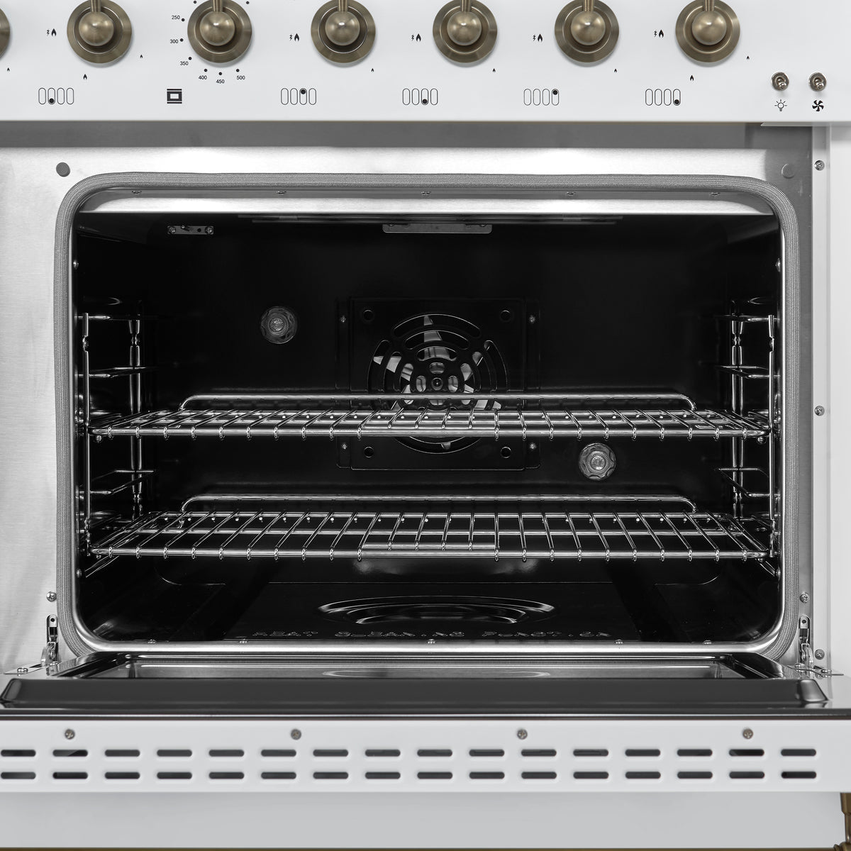 Forno Antico 48-Inch Freestanding Gas Range, White, Antique Brass Design, 8 Burners, Griddle, Double Ovens, Energy Efficient - BonPrix Électroménagers