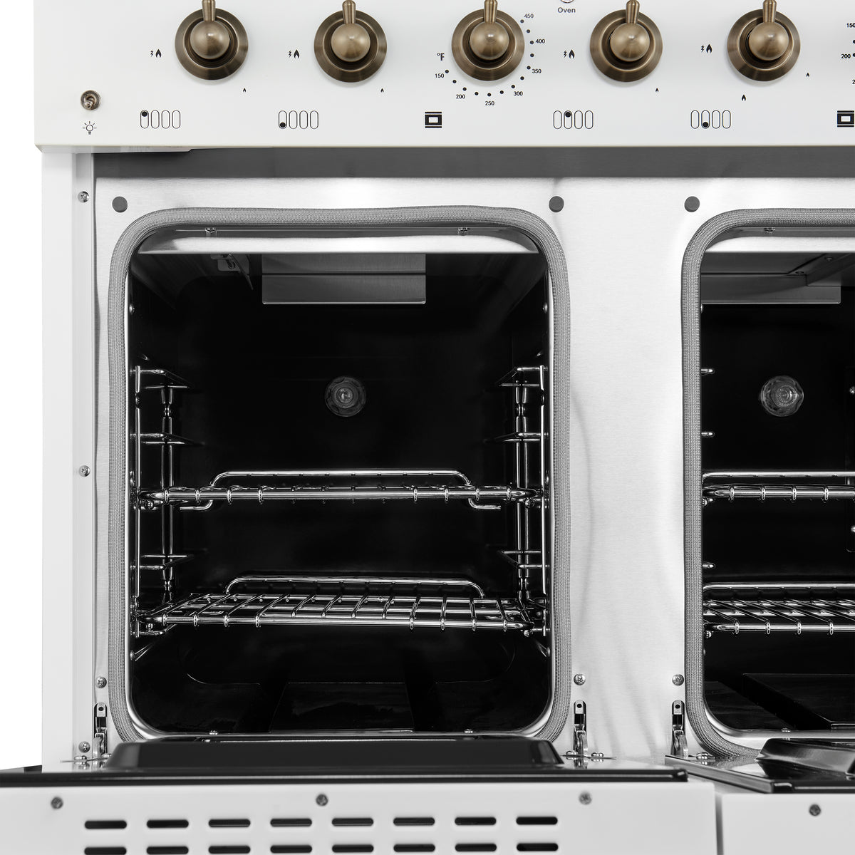 Forno Antico 48-Inch Freestanding Gas Range, White, Antique Brass Design, 8 Burners, Griddle, Double Ovens, Energy Efficient - BonPrix Électroménagers