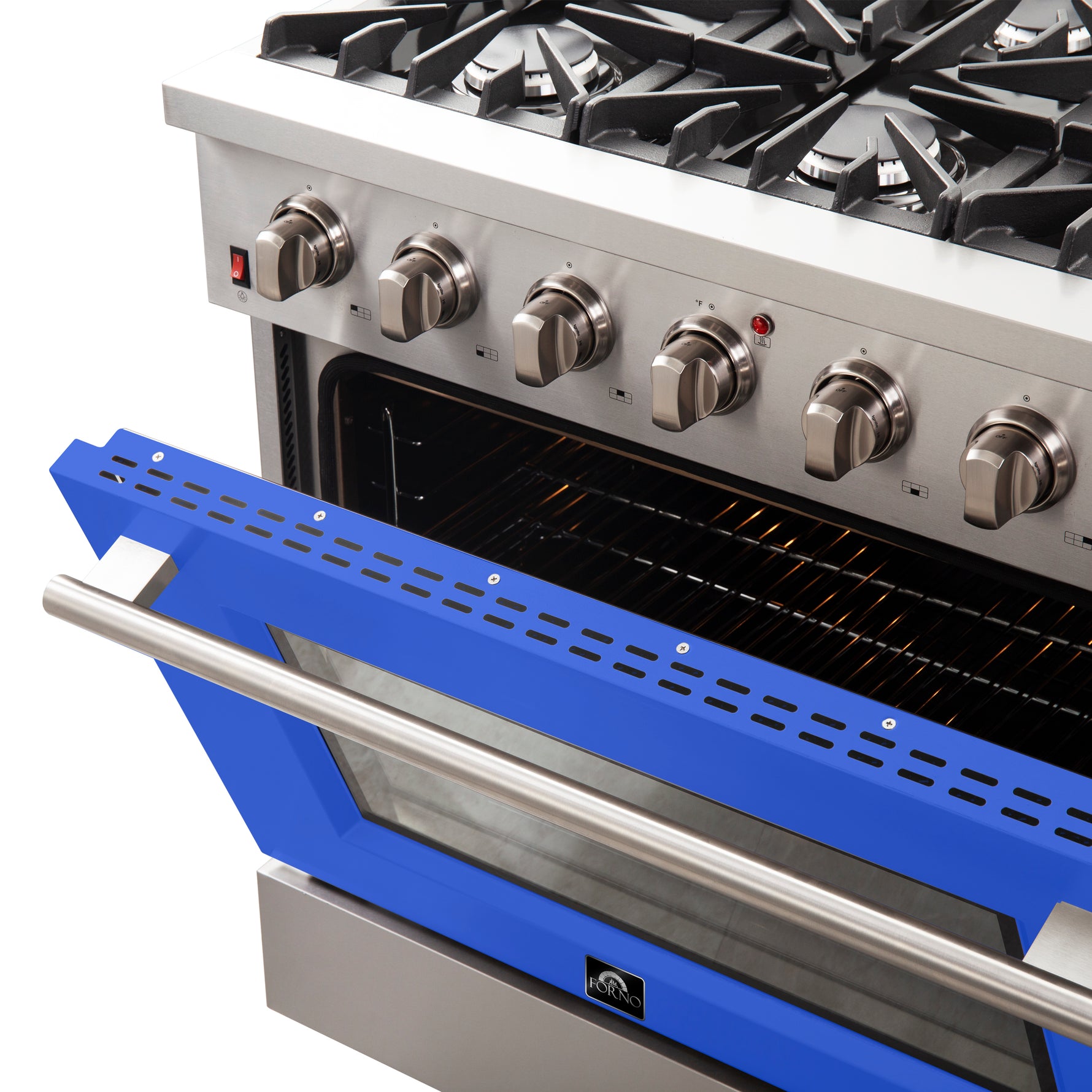 Forno Galiano 36-Inch Freestanding Gas Range, Stainless Steel, 6 Burners, Energy Efficient, Blue Door - BonPrix Électroménagers