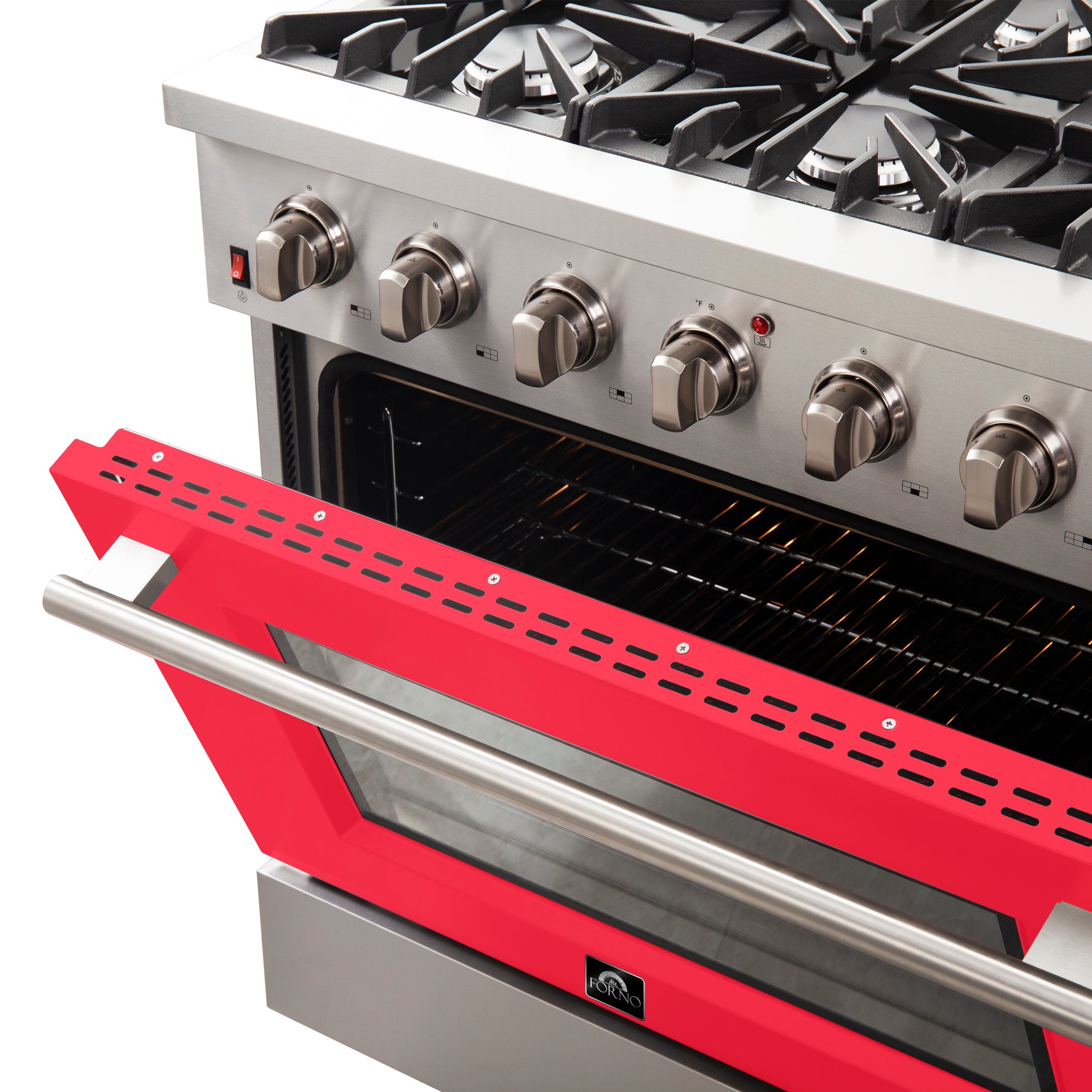 Forno Galiano 36-Inch Freestanding Gas Range, Stainless Steel, 6 Burners, Energy Efficient, Red Door - BonPrix Électroménagers