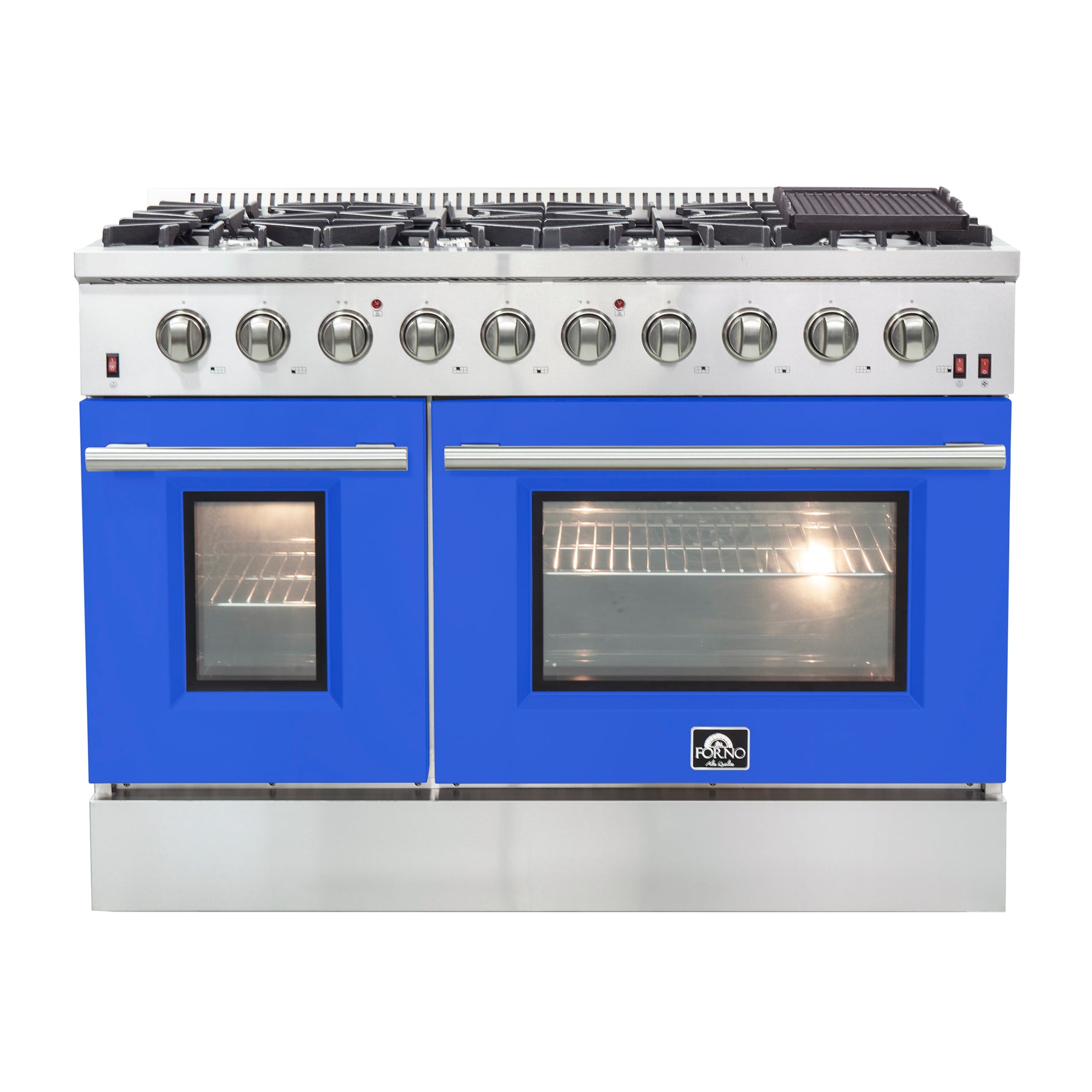 Forno Galiano 48-Inch Freestanding Gas Range, Stainless Steel, 8 Burners, 107,000 BTU, Griddle, Double Ovens, Energy Efficient, Blue Doors - BonPrix Électroménagers