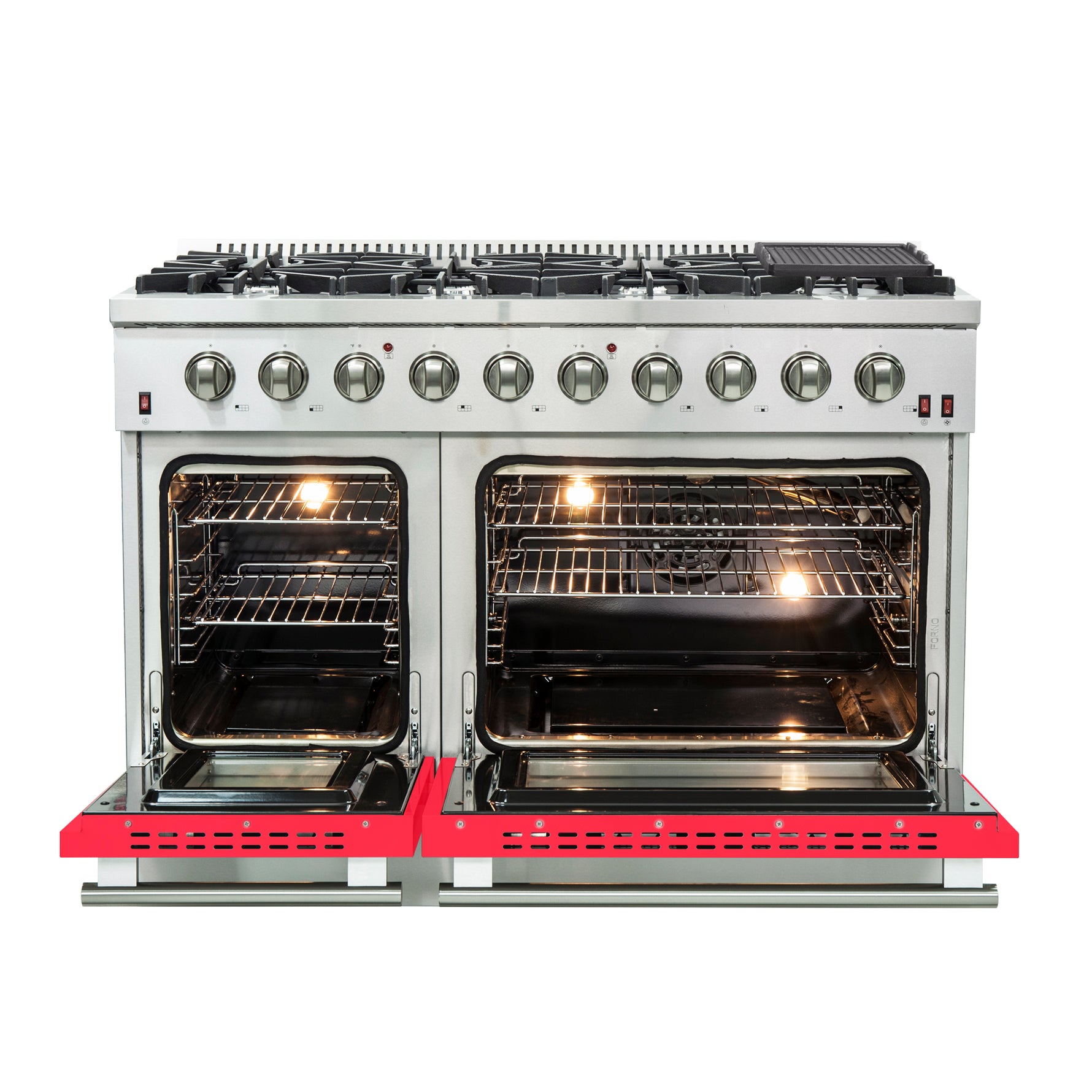Forno Galiano 48-Inch Freestanding Gas Range, Stainless Steel, 8 Burners, 107,000 BTU, Griddle, Double Ovens, Energy Efficient, Red Doors - BonPrix Électroménagers