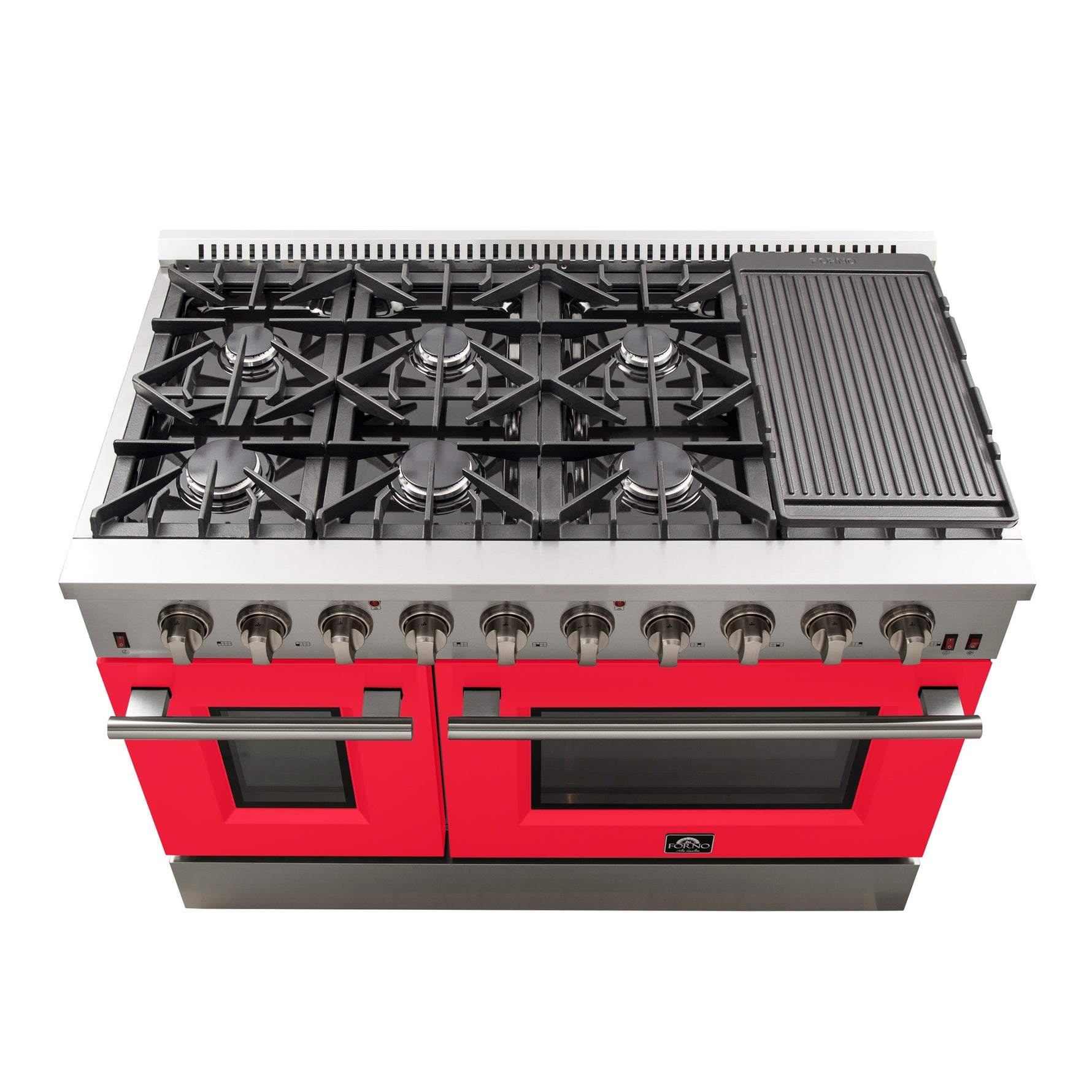 Forno Galiano 48-Inch Freestanding Gas Range, Stainless Steel, 8 Burners, 107,000 BTU, Griddle, Double Ovens, Energy Efficient, Red Doors - BonPrix Électroménagers