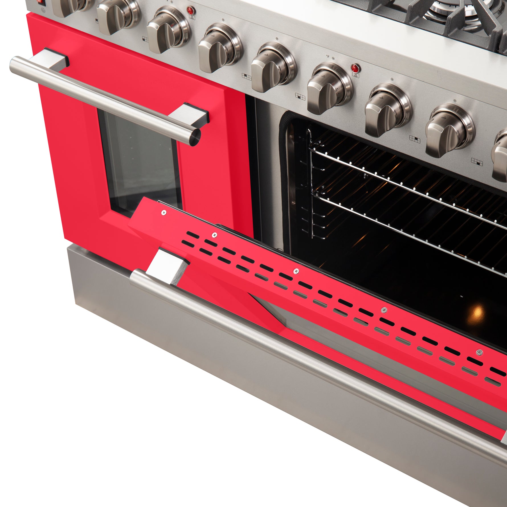 Forno Galiano 48-Inch Freestanding Gas Range, Stainless Steel, 8 Burners, 107,000 BTU, Griddle, Double Ovens, Energy Efficient, Red Doors - BonPrix Électroménagers